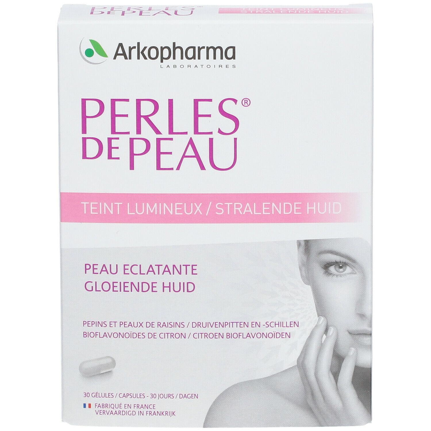 Boîte Arkopharma PERLES DE PEAU®. Inscription : Teint Lumineux/Stralende Huid. Contient 30 gélules. Image d'un visage.