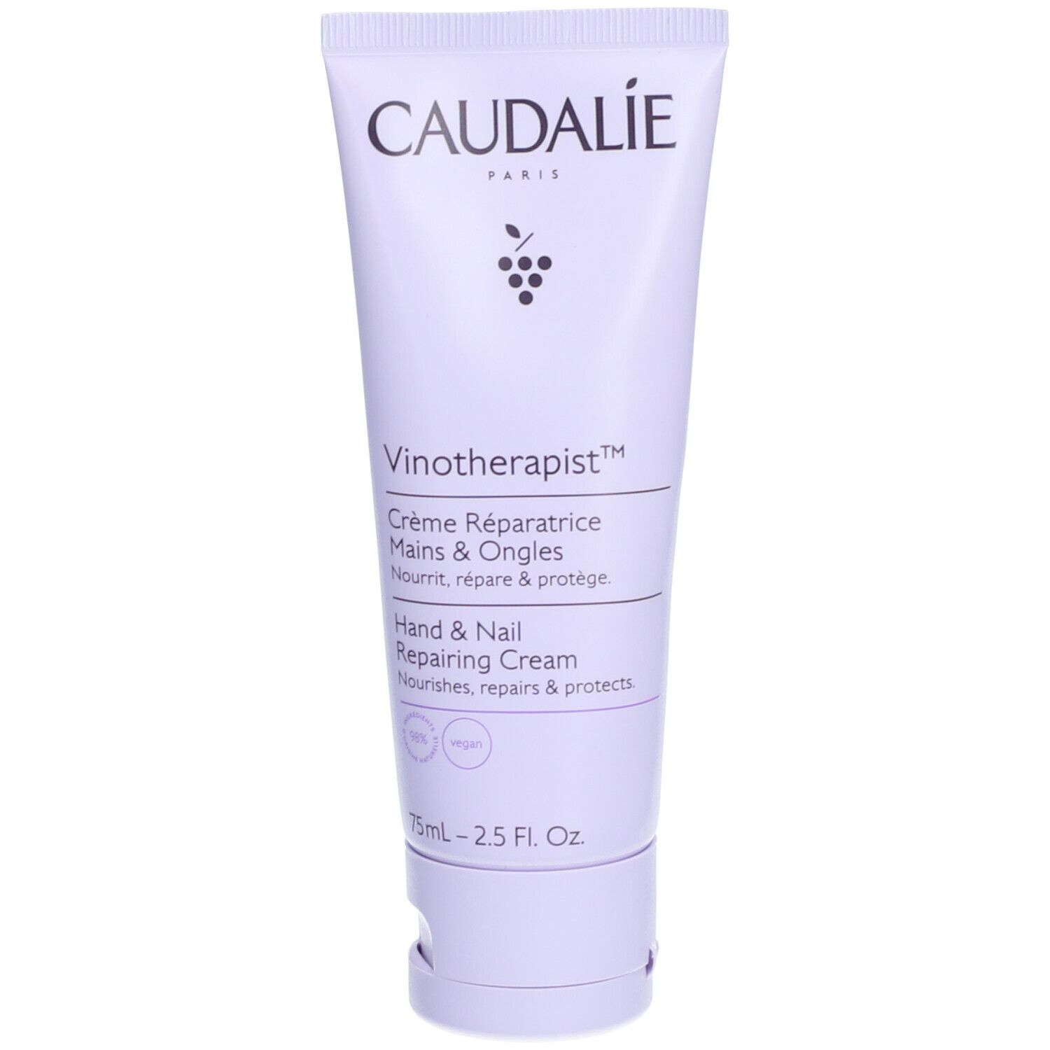 Lichtpaarse crèmetube. Opschrift: CAUDALIE, Vinotherapist, Hand & Nail Repairing Cream. Vegan-zegel.