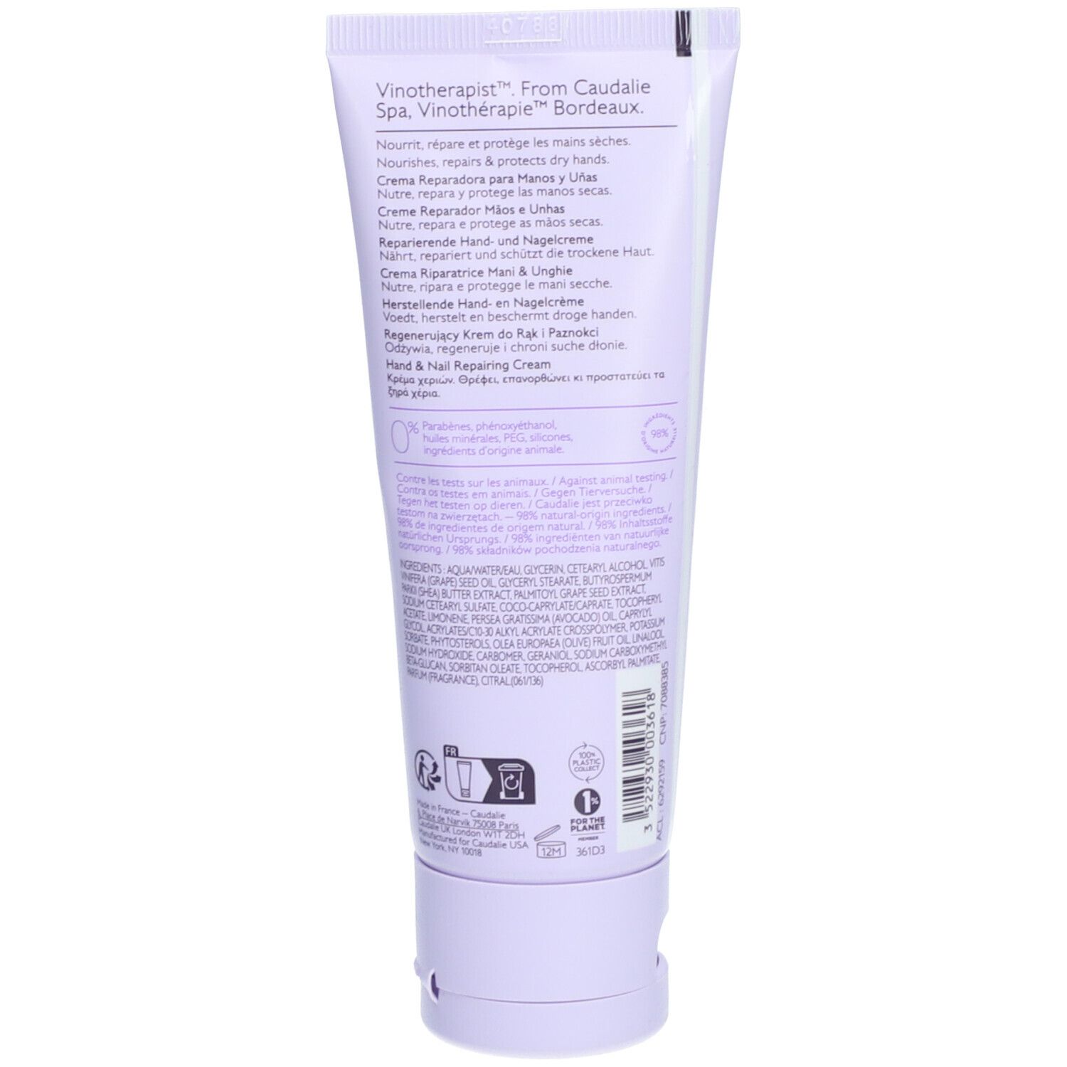 Achterkant van de crèmetube. Tekst: Vinotherapist, Hand & Nail Repairing Cream. Vegan-zegel. Ingrediënten en fabrikantinfo.