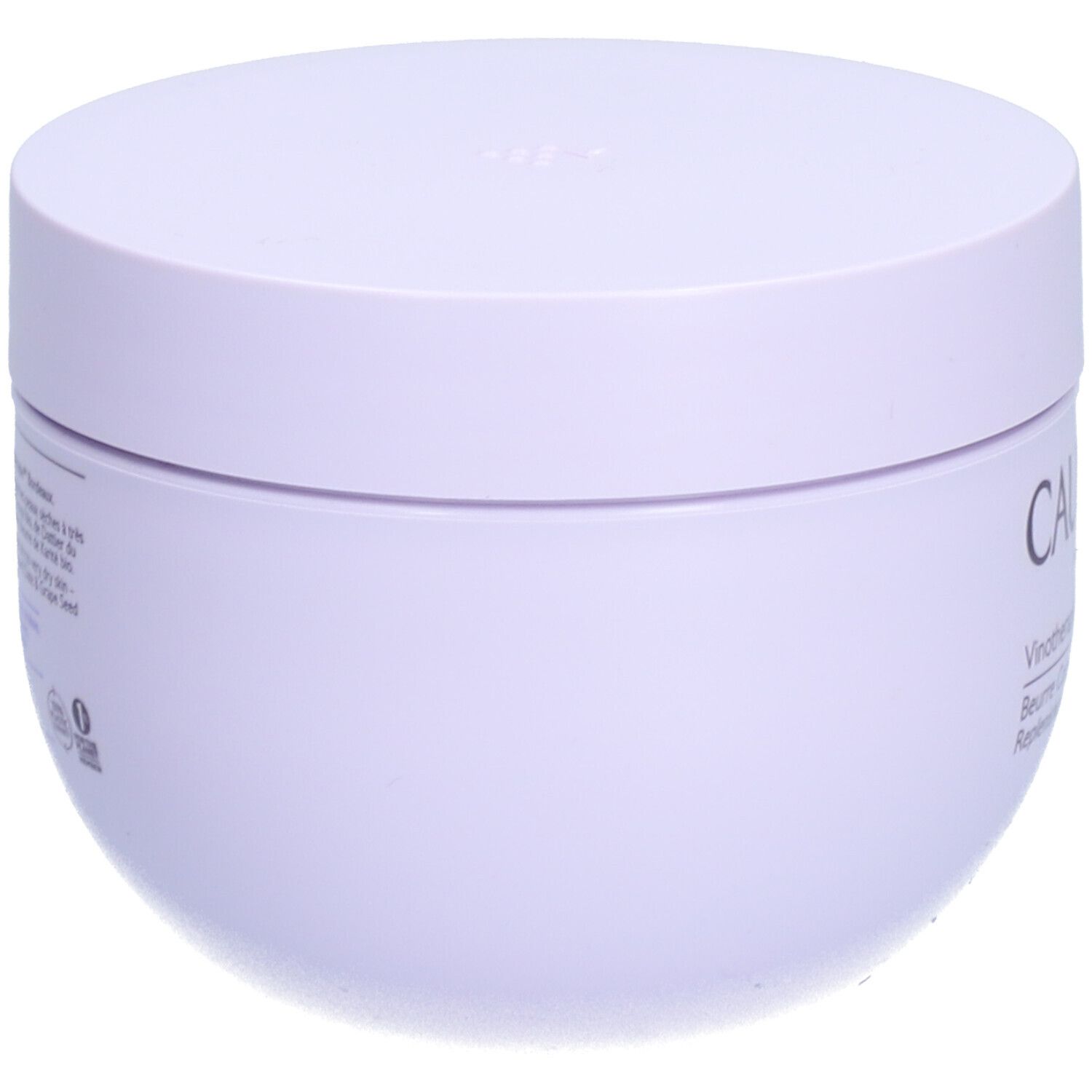Pot lilas clair avec couvercle. Texte et logos sur le côté. Nom du produit non visible.