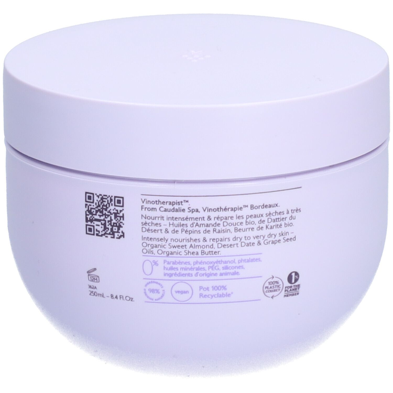 Pot lilas clair avec couvercle. Dos avec texte et logos. Ingrédients et certifications.