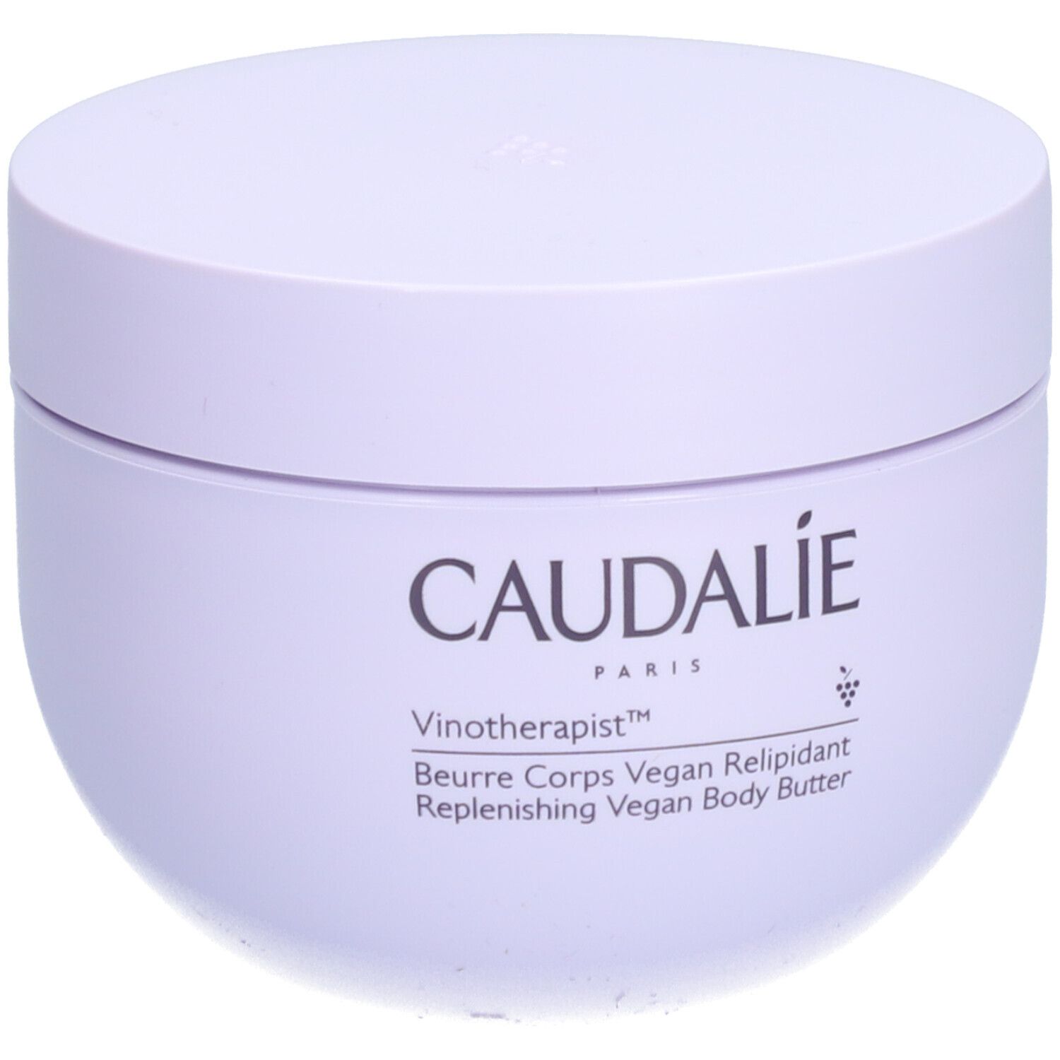 Pot lilas clair avec couvercle. Inscription: CAUDALIE, Vinotherapist, Beurre Corps Vegan Relipidant. Vegan Body Butter.