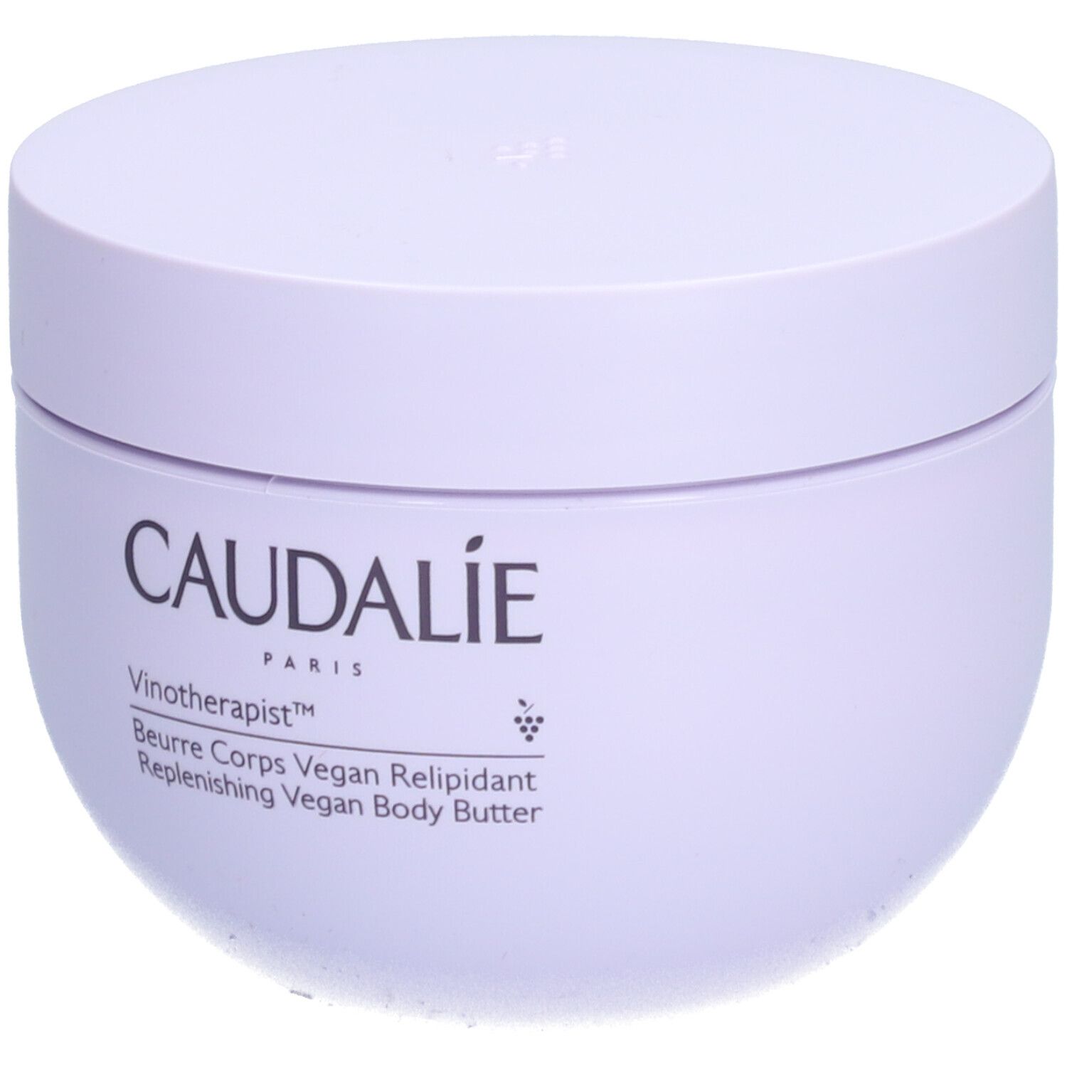 Pot lilas clair avec couvercle. Inscription: CAUDALIE, Vinotherapist, Beurre Corps Vegan Relipidant. Vegan Body Butter.