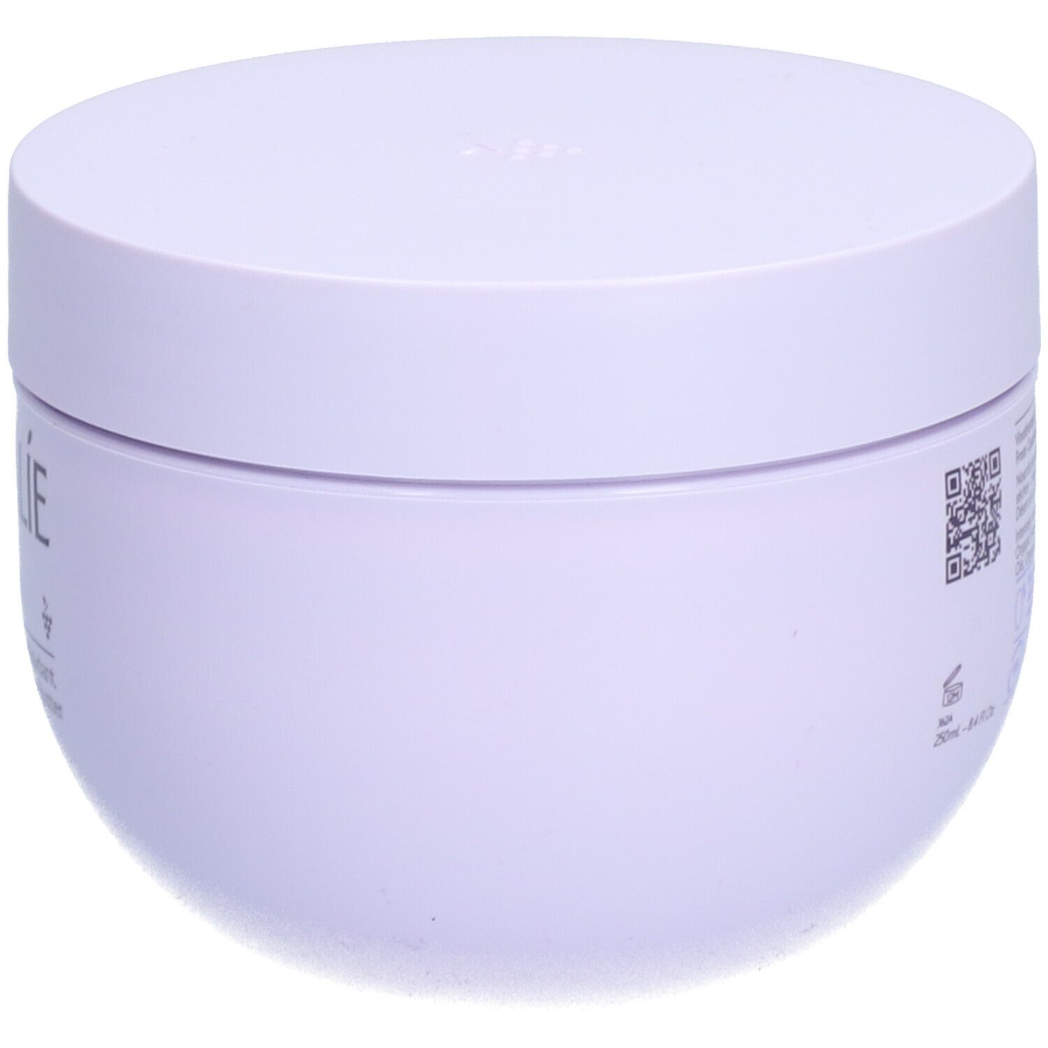 Pot lilas clair avec couvercle. Texte et code QR sur le côté. Nom du produit non visible.