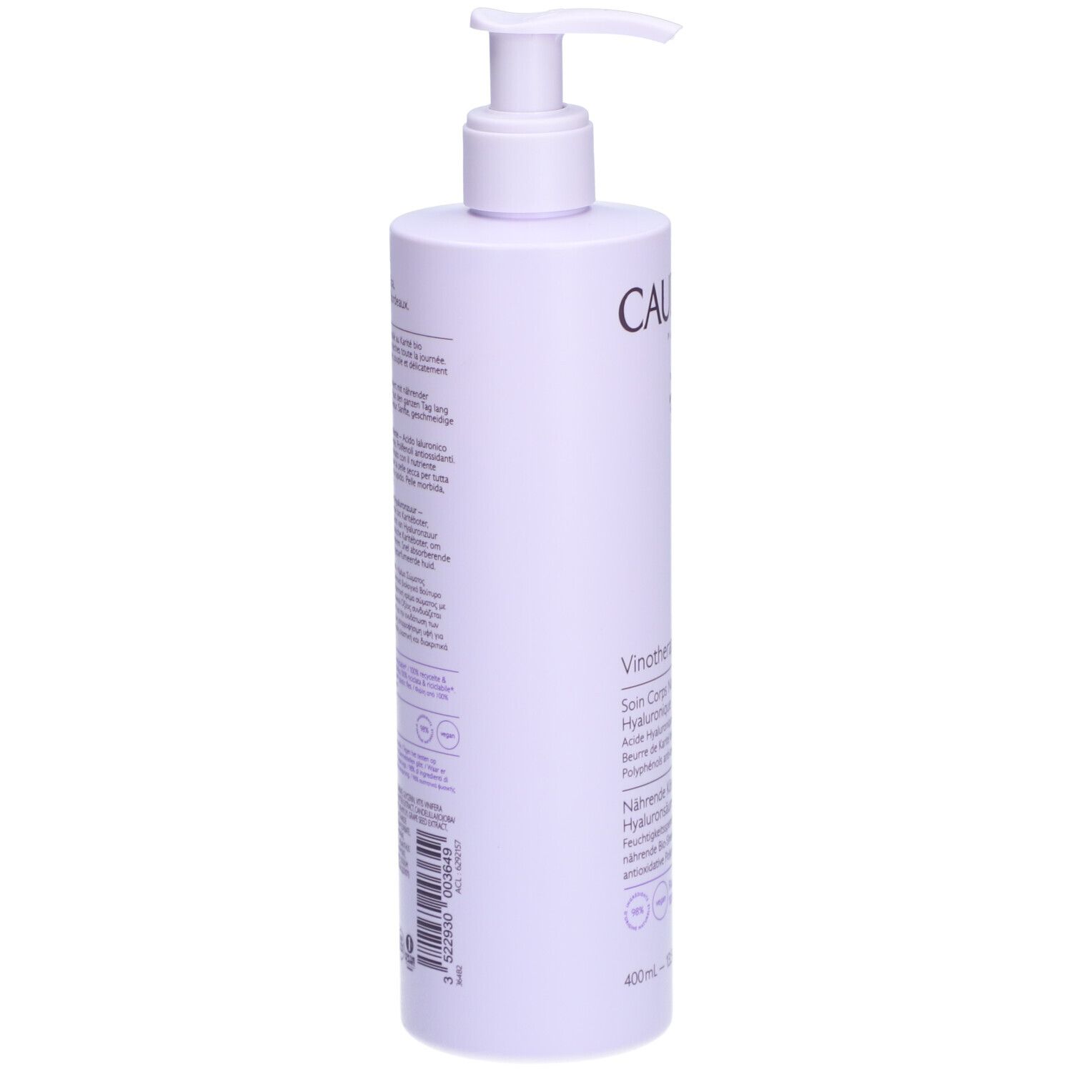 Rückseite der Flasche Caudalíe Vinotherapist. Text in mehreren Sprachen. Barcode und Logos.