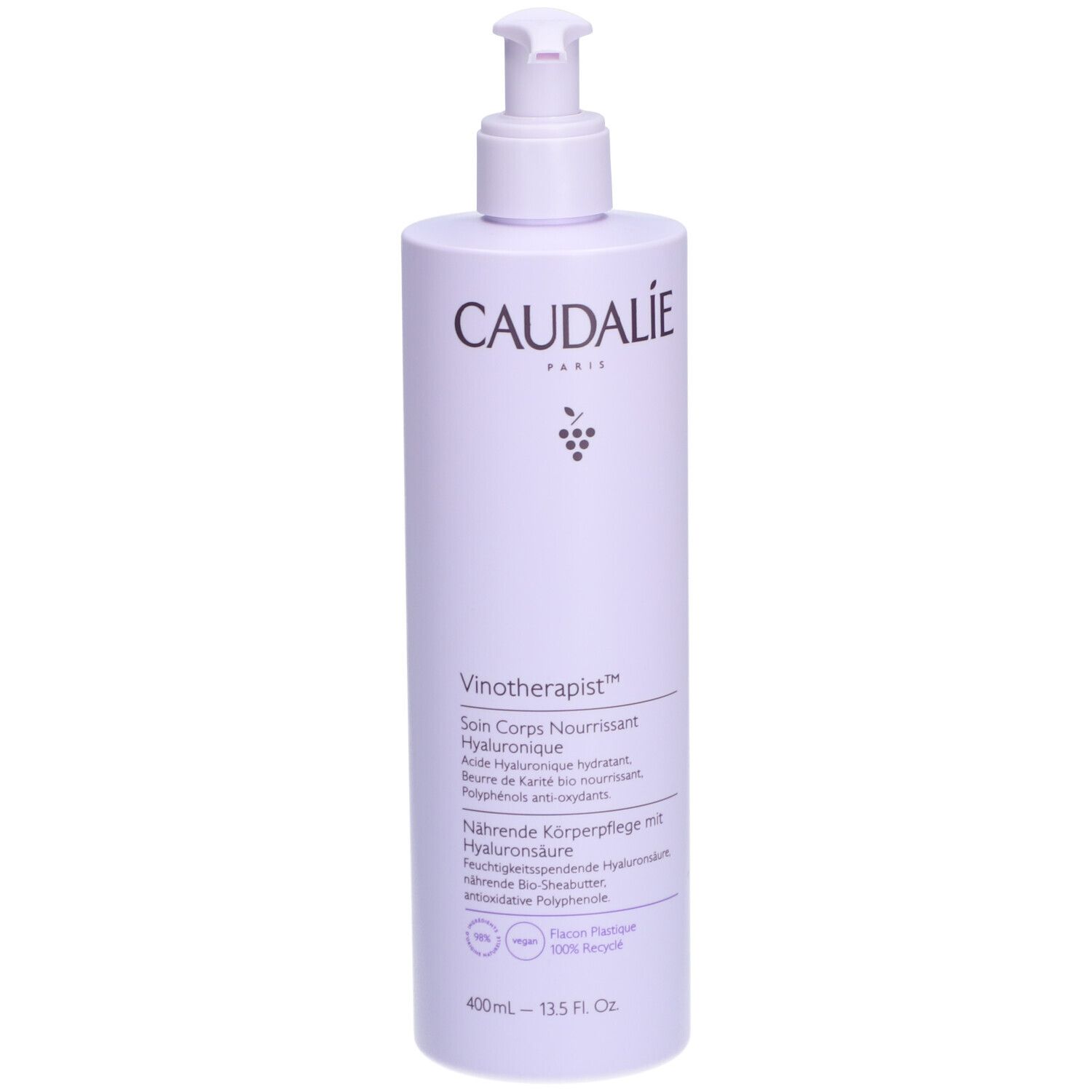 Flasche Caudalíe Vinotherapist, lila, mit Pumpe. Schriftzug Caudalíe, Vinotherapist, Soin Corps Nourrissant.