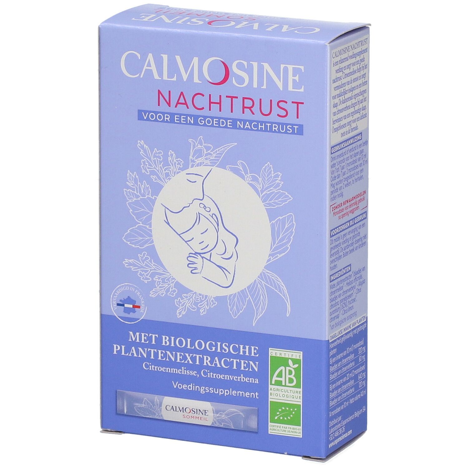 Doos CALMOSINE NACHTUST. Tekst: MET BIOLOGISCHE PLANTENEXTRACTEN. AB-logo. Individuele sachets.