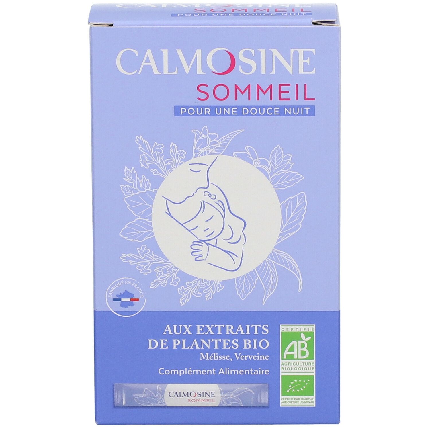 Doos CALMOSINE SOMMEIL. Opschrift: AUX EXTRAITS DE PLANTES BIO. AB-logo. Individuele sachets.
