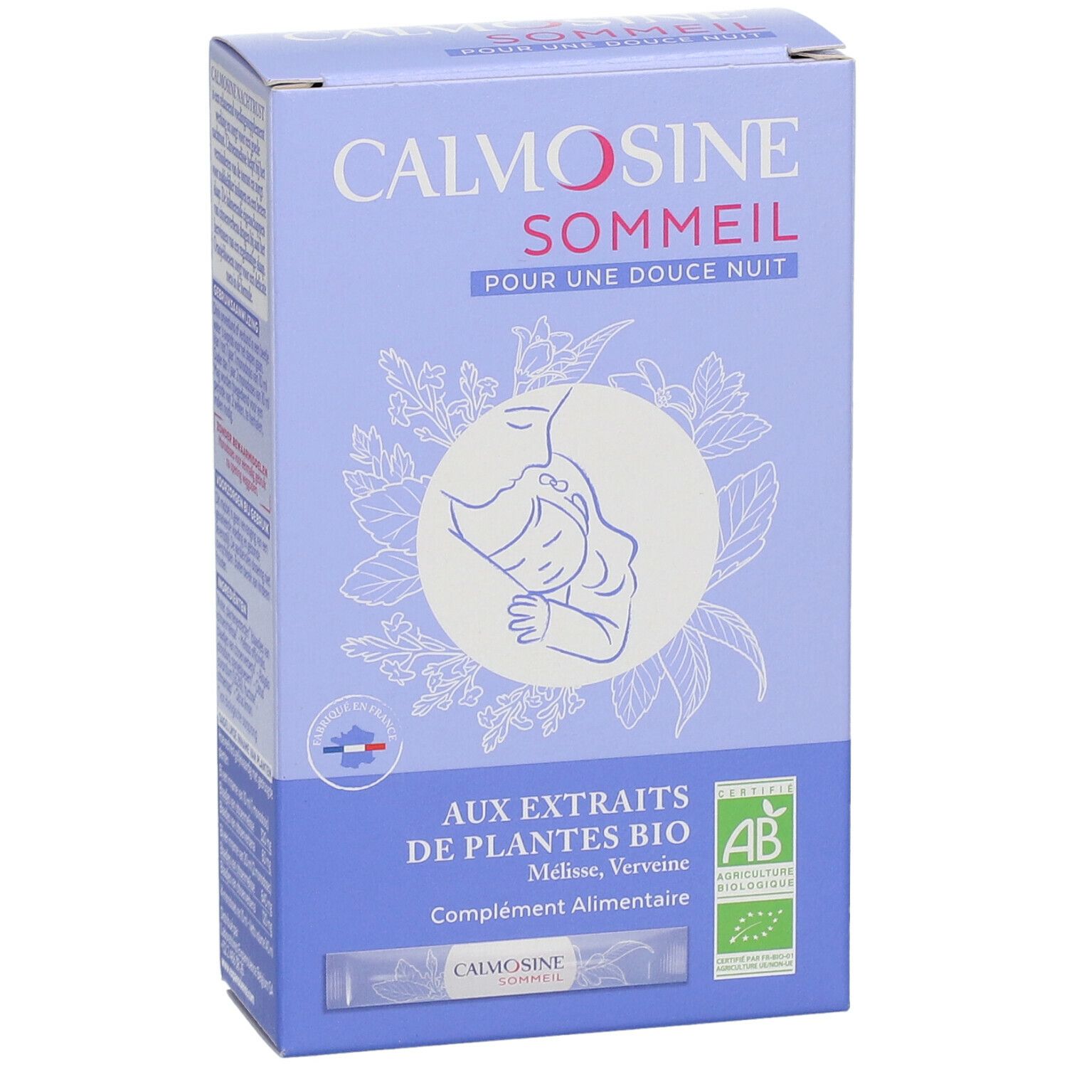 Doos CALMOSINE SOMMEIL. Opschrift: AUX EXTRAITS DE PLANTES BIO. AB-logo. Individuele sachets.