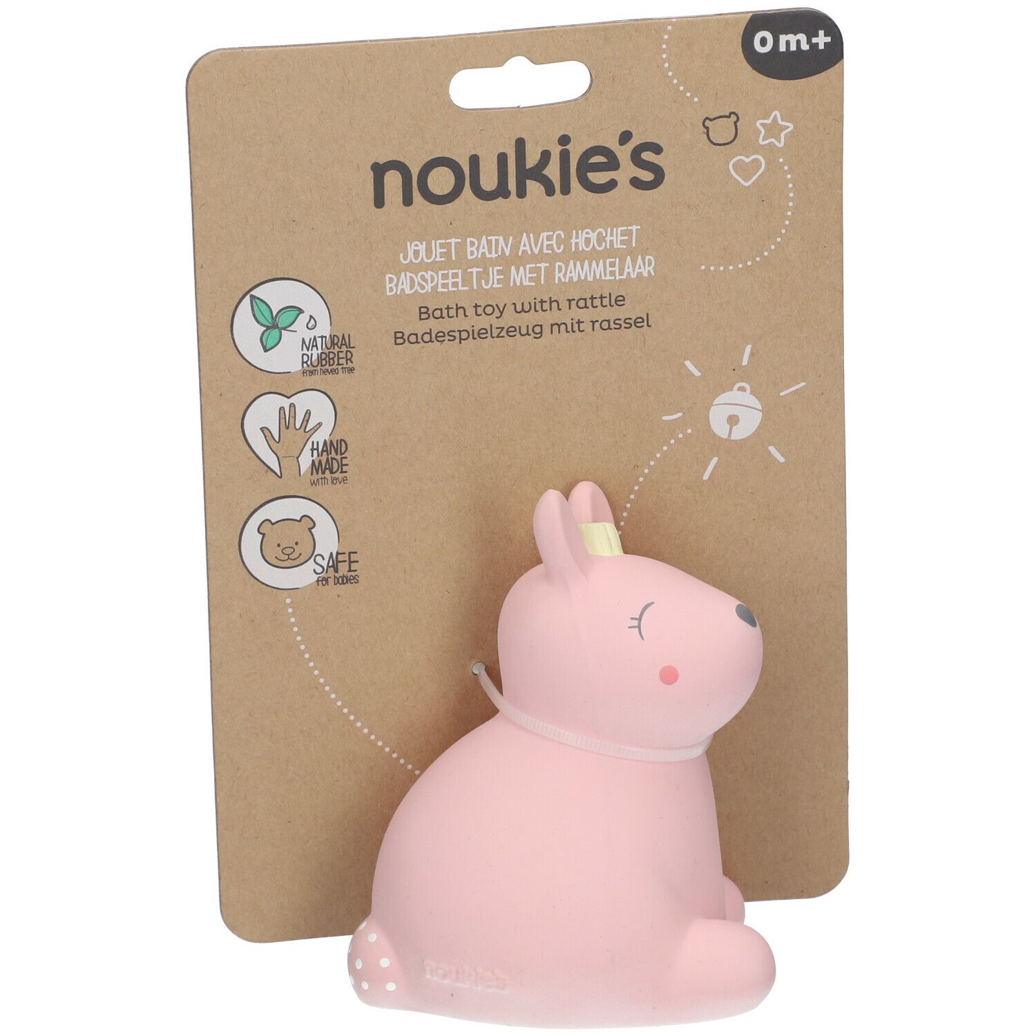 Rosa Hase aus Naturkautschuk mit Rassel. Auf Pappkarte. Mit Aufdrucken und Texten.