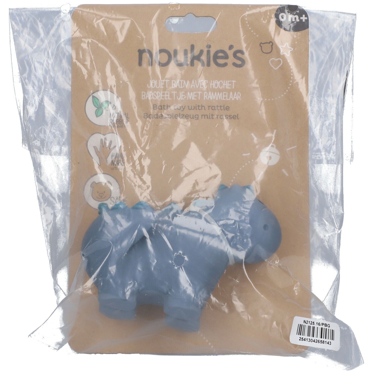 Blauw dino-badspeelgoed in verpakking. Met opdrukken en teksten. Merk: Noukie's. Aanbevolen leeftijd: 0m+.