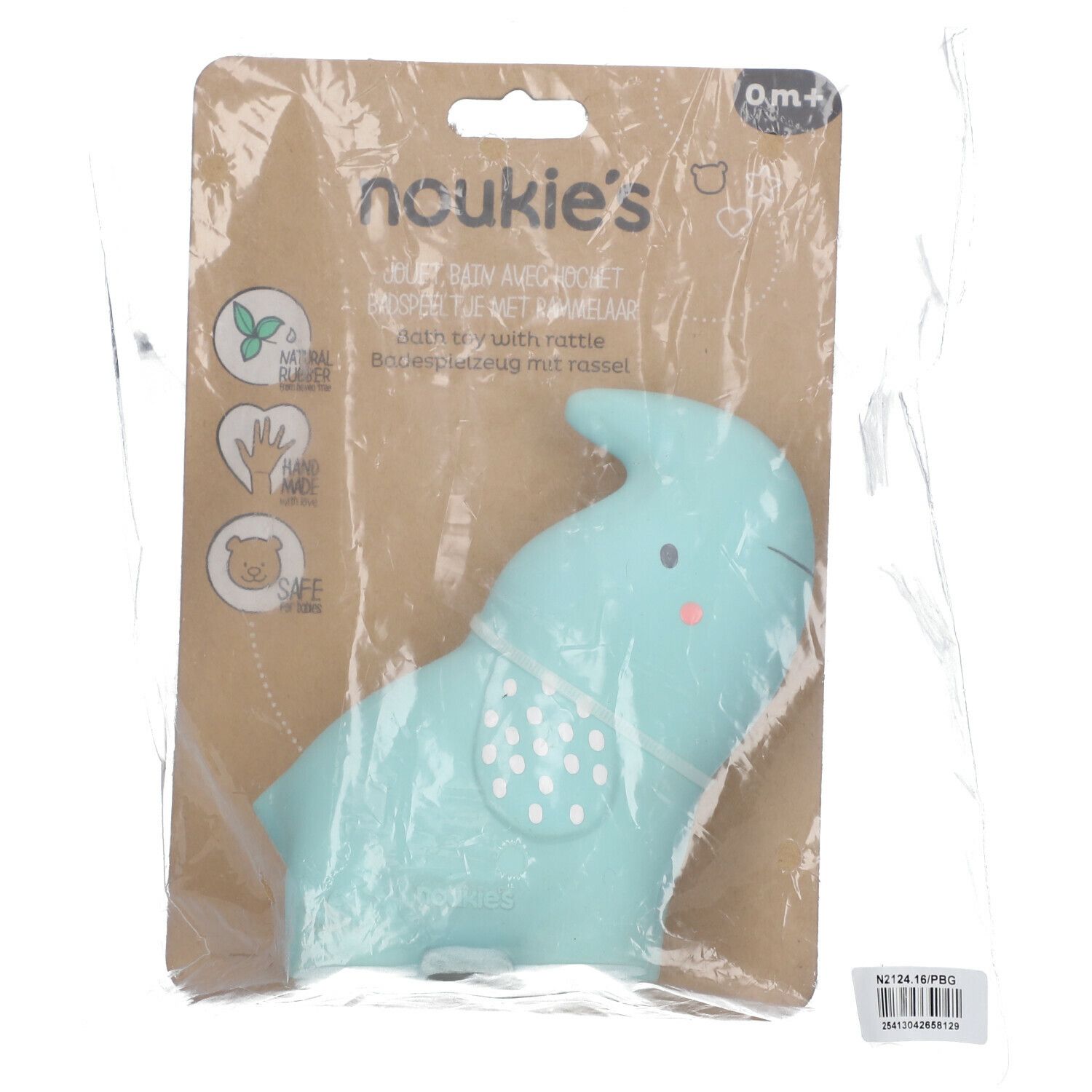 Blauw badspeeltje in de vorm van een olifant met rammelaar, verpakt. Zichtbaar merk: Noukie's. Aanbevolen leeftijd: 0m+.