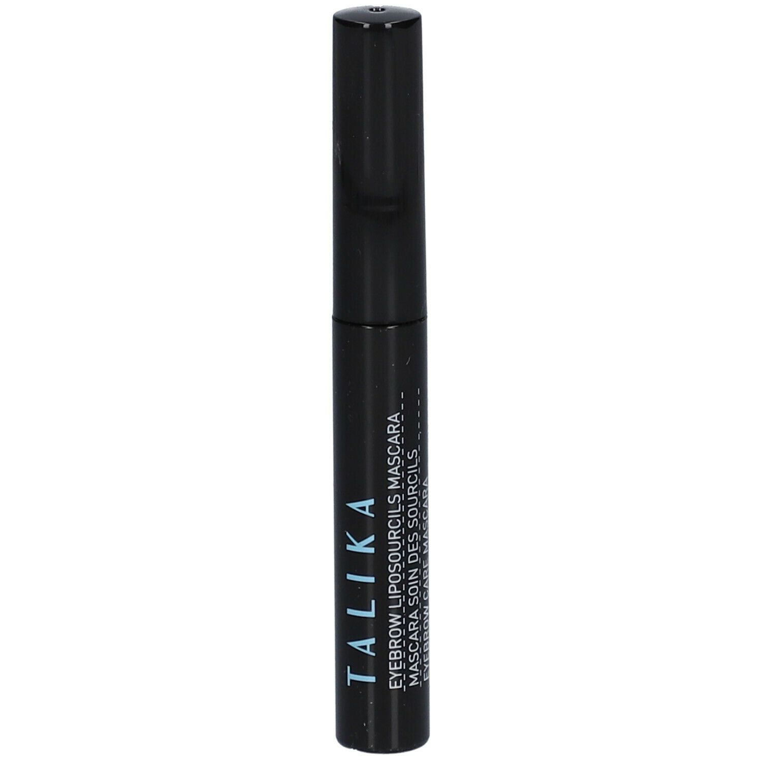 Tube de mascara noir avec bouchon noir. Inscription : TALIKA, EYEBROW LIPOSOURCILS MASCARA.