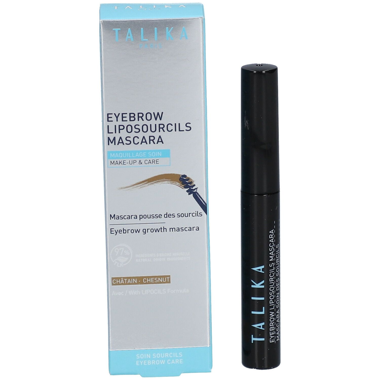 Tube de mascara et emballage. Emballage avec nom du produit et illustration des sourcils.