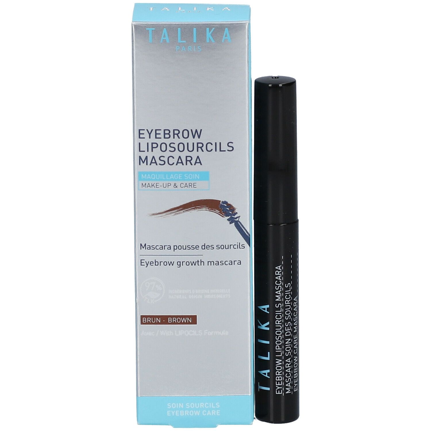 TALIKA Eyebrow Liposourcils Mascara en verpakking. Bruine mascara. Make-up & Care. Wenkbrauwgroei.