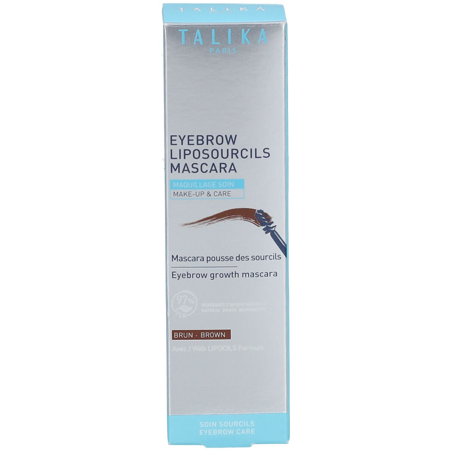 TALIKA Eyebrow Liposourcils Mascara en verpakking. Bruine mascara. Make-up & Care. Wenkbrauwgroei.