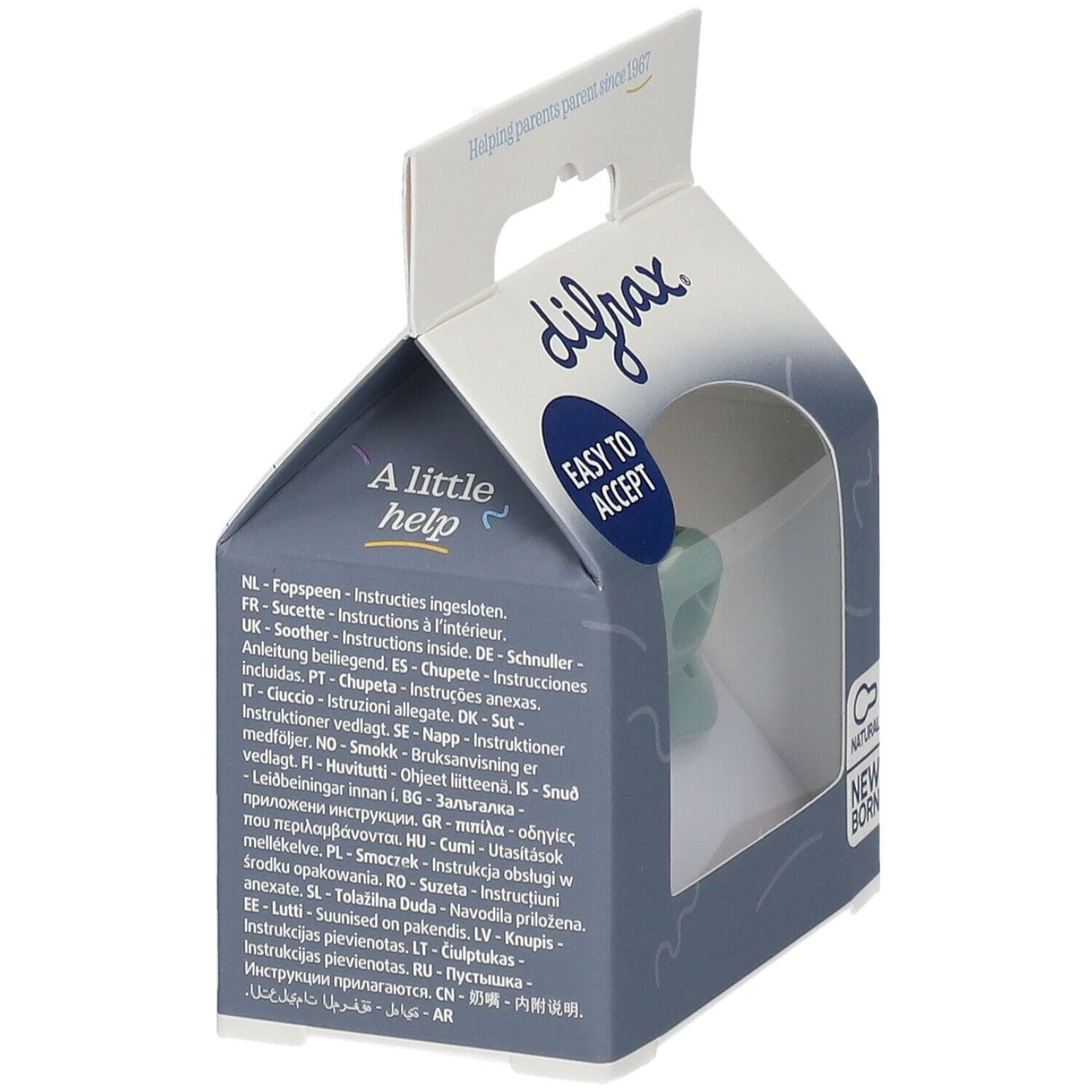 Emballage avec sucette. Marque difrax. Inscription: Easy to accept. Texte multilingue. Produit: sucette en silicone.