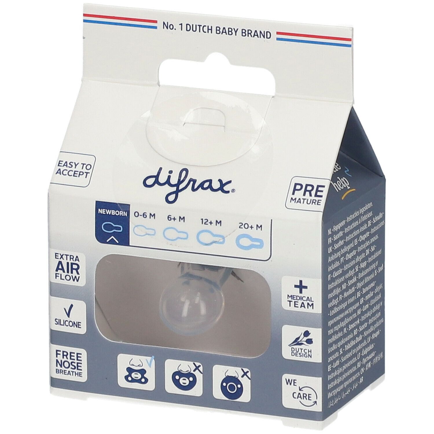 Emballage avec sucette. Marque difrax. Inscriptions: Newborn, 0-6M, 6M+, 12M+, 20M+. Silicone. Extra Air Flow. Free Nose Breathe.
