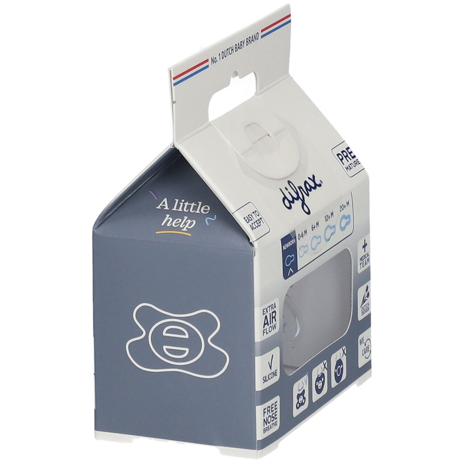 Emballage avec sucette. Marque difrax. Inscriptions: Newborn, 0-6M, 6M+, 12M+, 20M+. Silicone. Extra Air Flow. Free Nose Breathe.