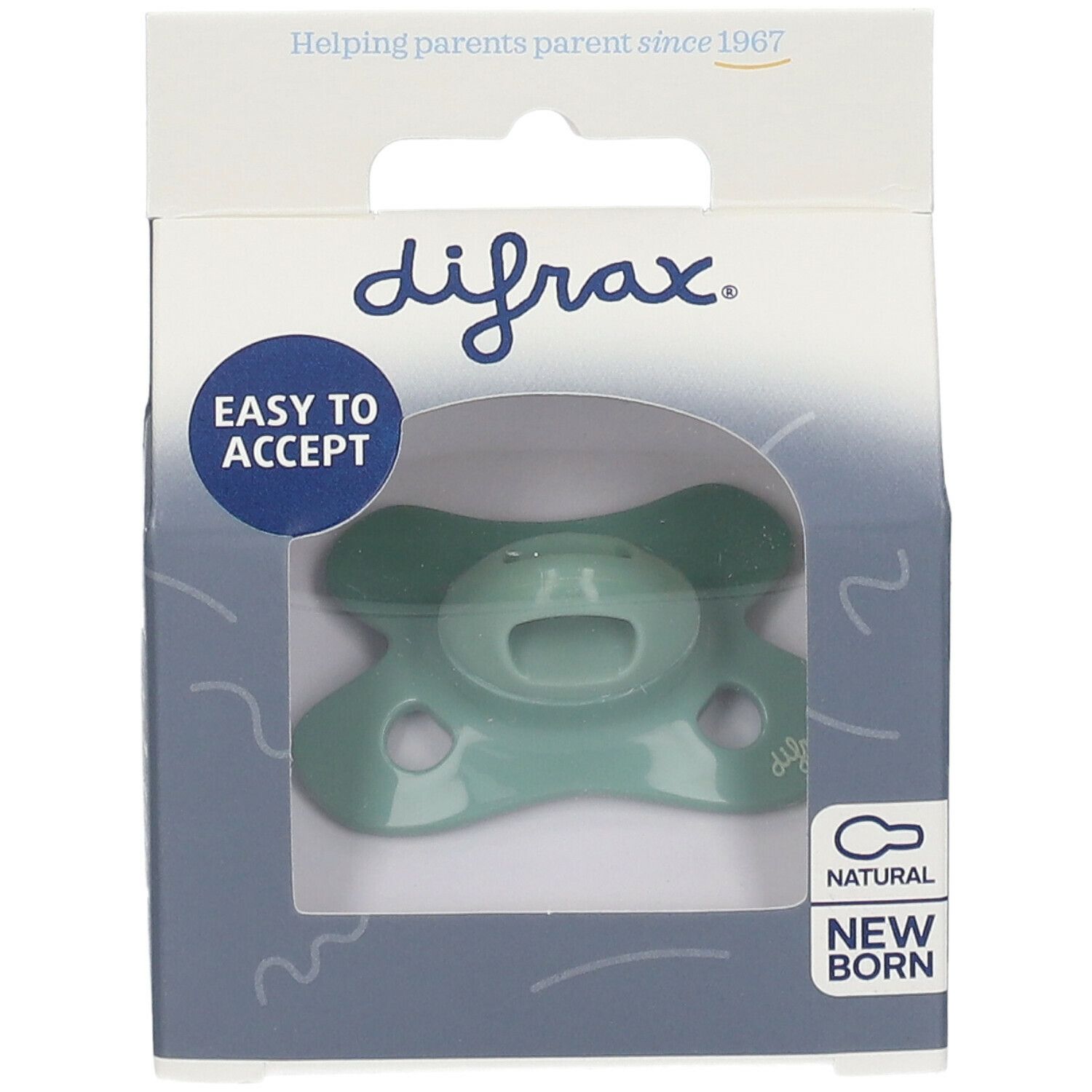 Sucette en silicone verte dans son emballage. Marque difrax. Inscriptions: Easy to accept, Natural, New Born. Produit: sucette en silicone.
