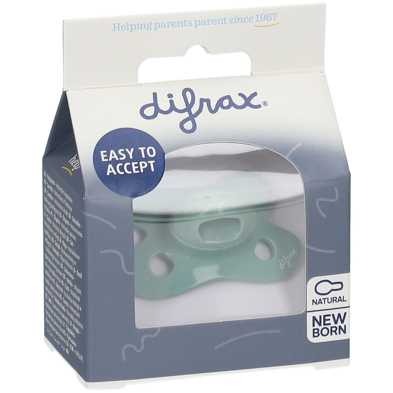 Sucette en silicone verte dans son emballage. Marque difrax. Inscriptions: Easy to accept, Natural, New Born. Produit: sucette en silicone.