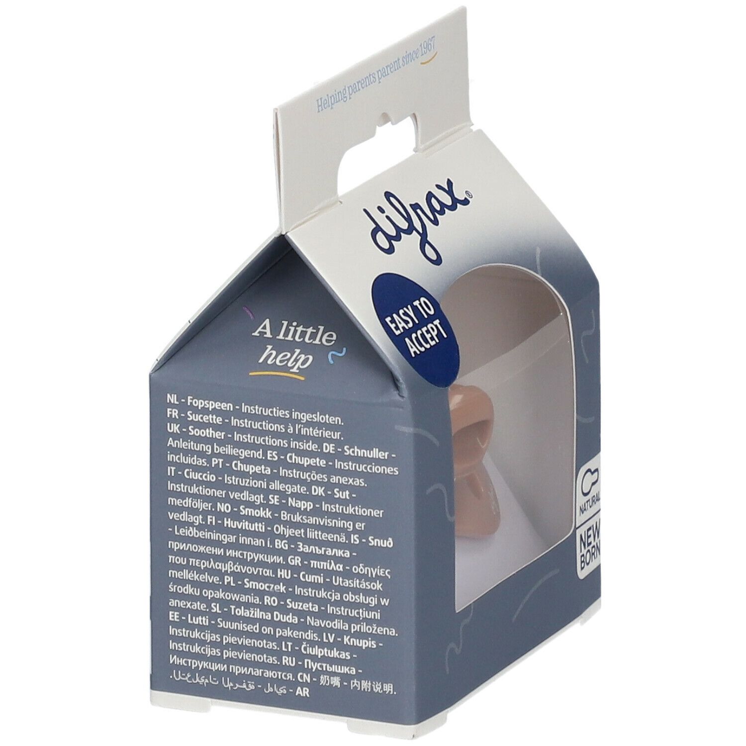 Verpackung mit einem Schnuller. Text in mehreren Sprachen. Der Schnuller ist teilweise sichtbar.