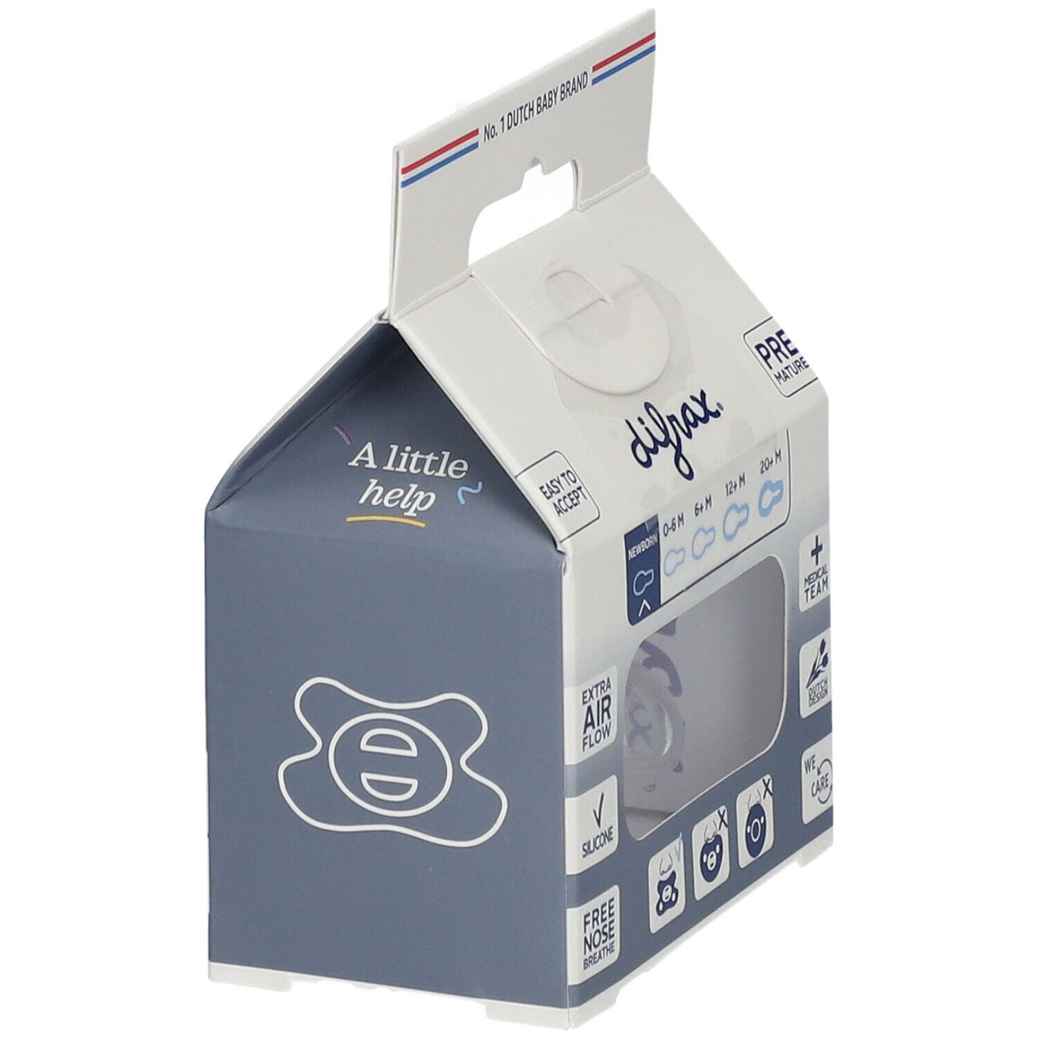 Verpackung mit einem Schnuller. Der Schnuller ist transparent. Geeignet für Frühchen und Neugeborene.