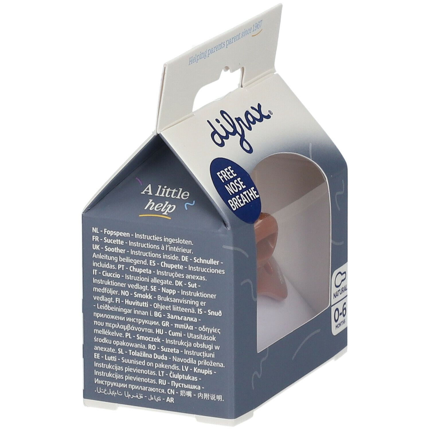 Verpackung mit Schnuller. Marke Difrax, Aufschrift: Free Nose Breathe. Text in mehreren Sprachen. Altersempfehlung: 0-6 Monate.