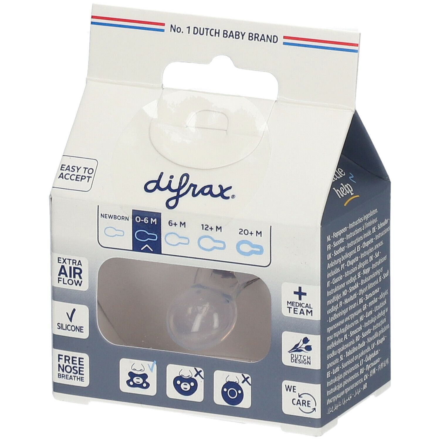 Verpackung mit Schnuller. Marke Difrax, Altersempfehlung: 0-6 Monate. Aufschrift: Extra Air Flow, Silikon. Logo: Medical Team.