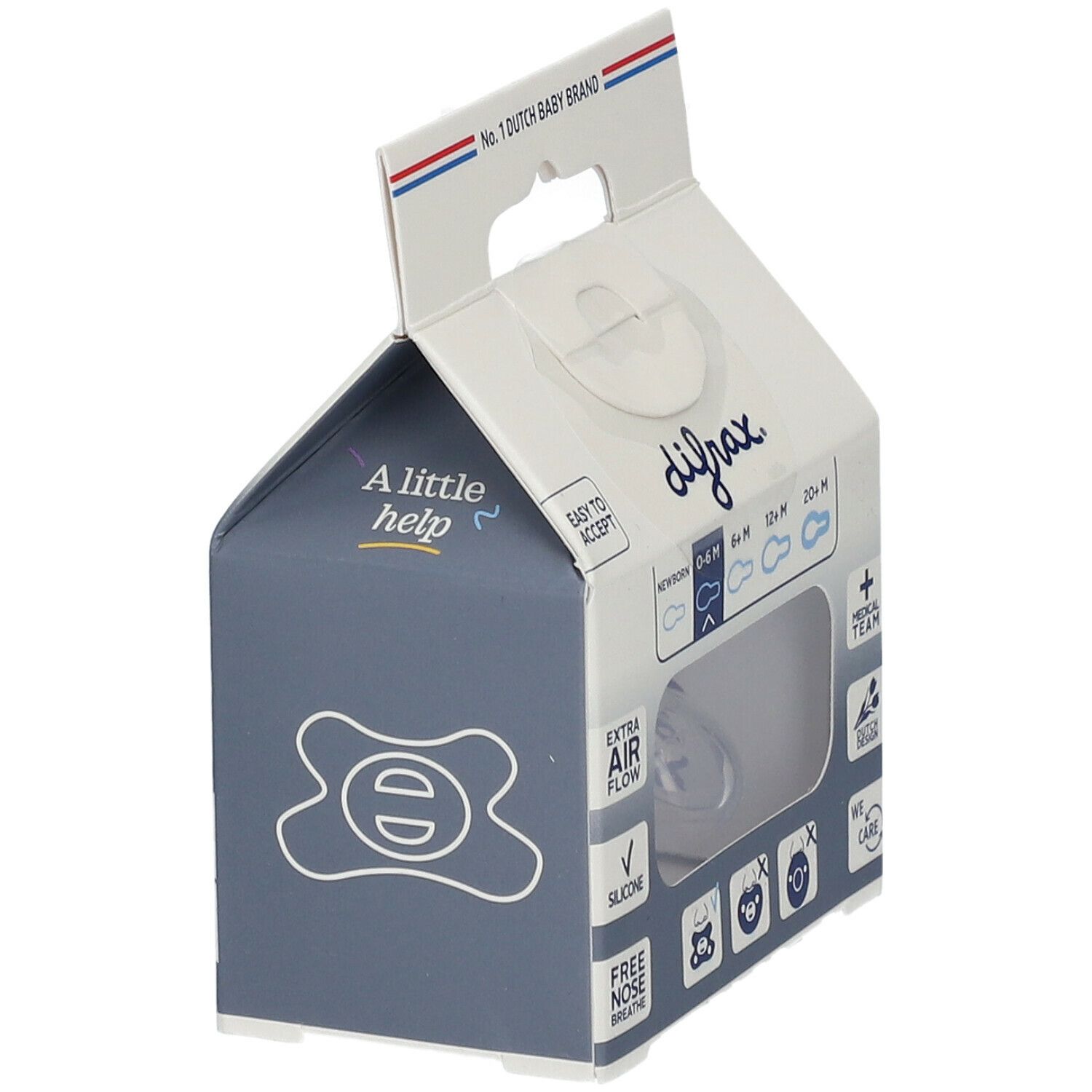 Verpackung mit Schnuller. Marke Difrax, Altersempfehlung: 0-6 Monate. Aufschrift: Extra Air Flow, Silikon. Logo: Medical Team.