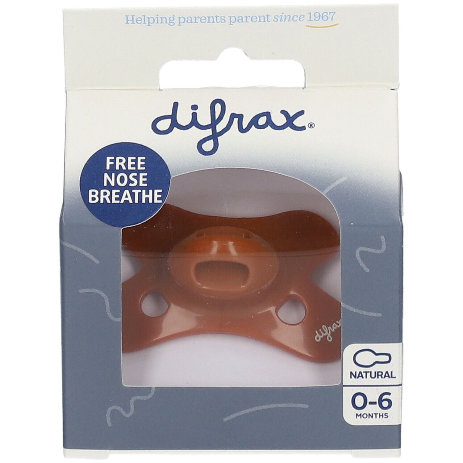 Verpackung mit Schnuller. Marke Difrax, Silikonsauger, 0-6 Monate. Aufschrift: Free Nose Breathe. Natürliches Design.