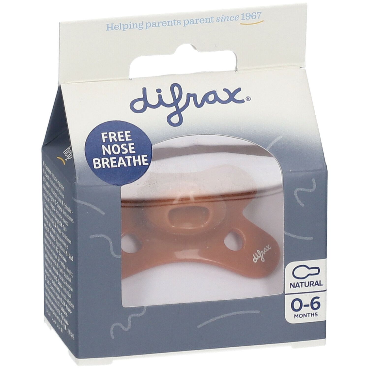 Verpackung mit Schnuller. Marke Difrax, Silikonsauger, 0-6 Monate. Aufschrift: Free Nose Breathe. Natürliches Design.