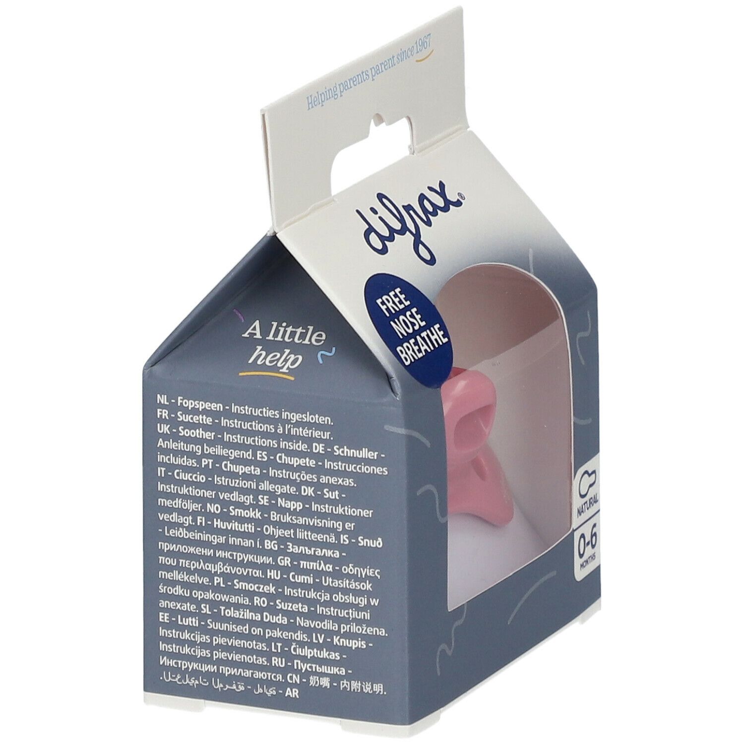 Verpackung mit rosa Schnuller. Text: 'Free Nose Breathe'. Enthält Anweisungen in mehreren Sprachen.