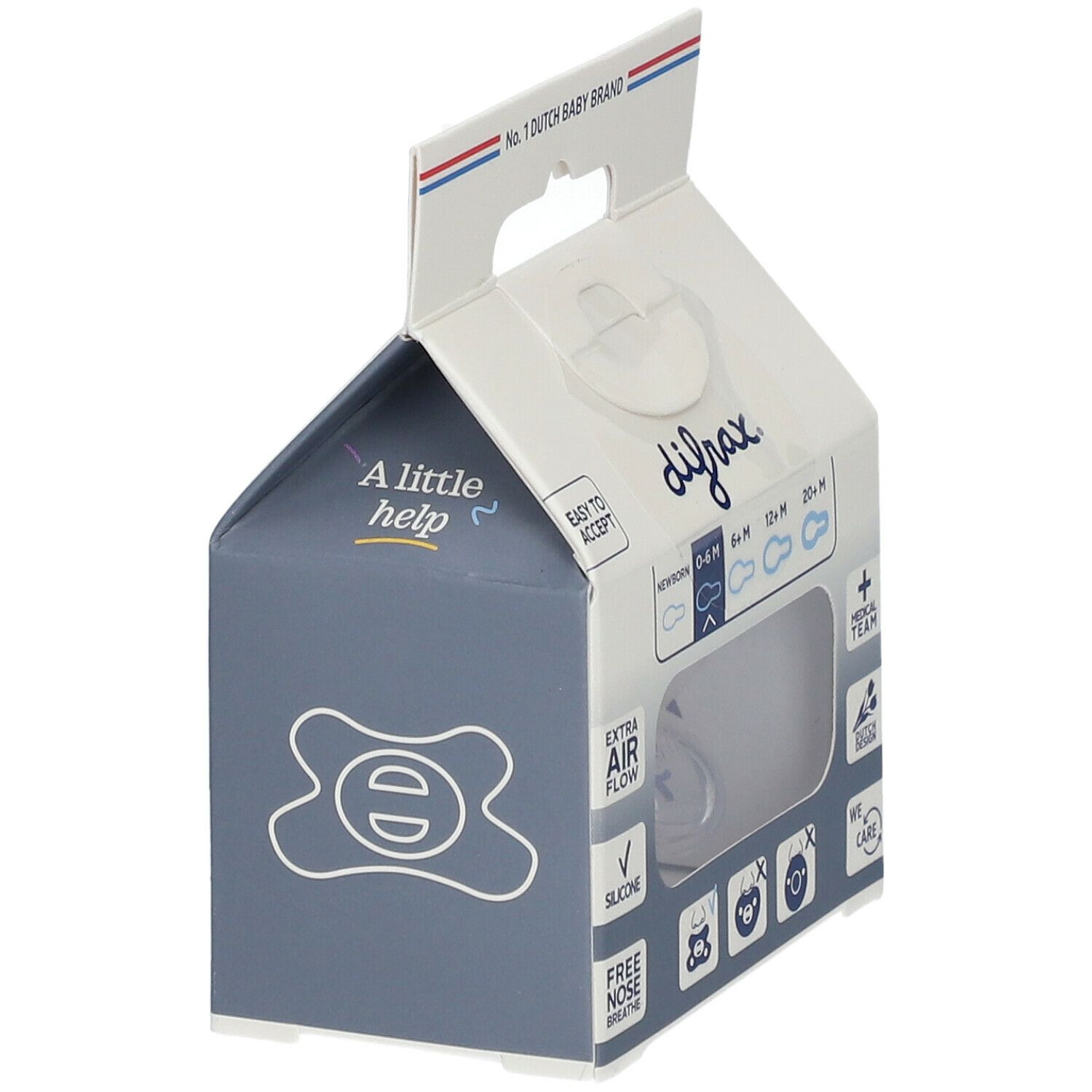 Verpackung mit Schnuller. Sichtbar: Marke, Altersempfehlungen, 'Extra Air Flow', 'Silicone'.