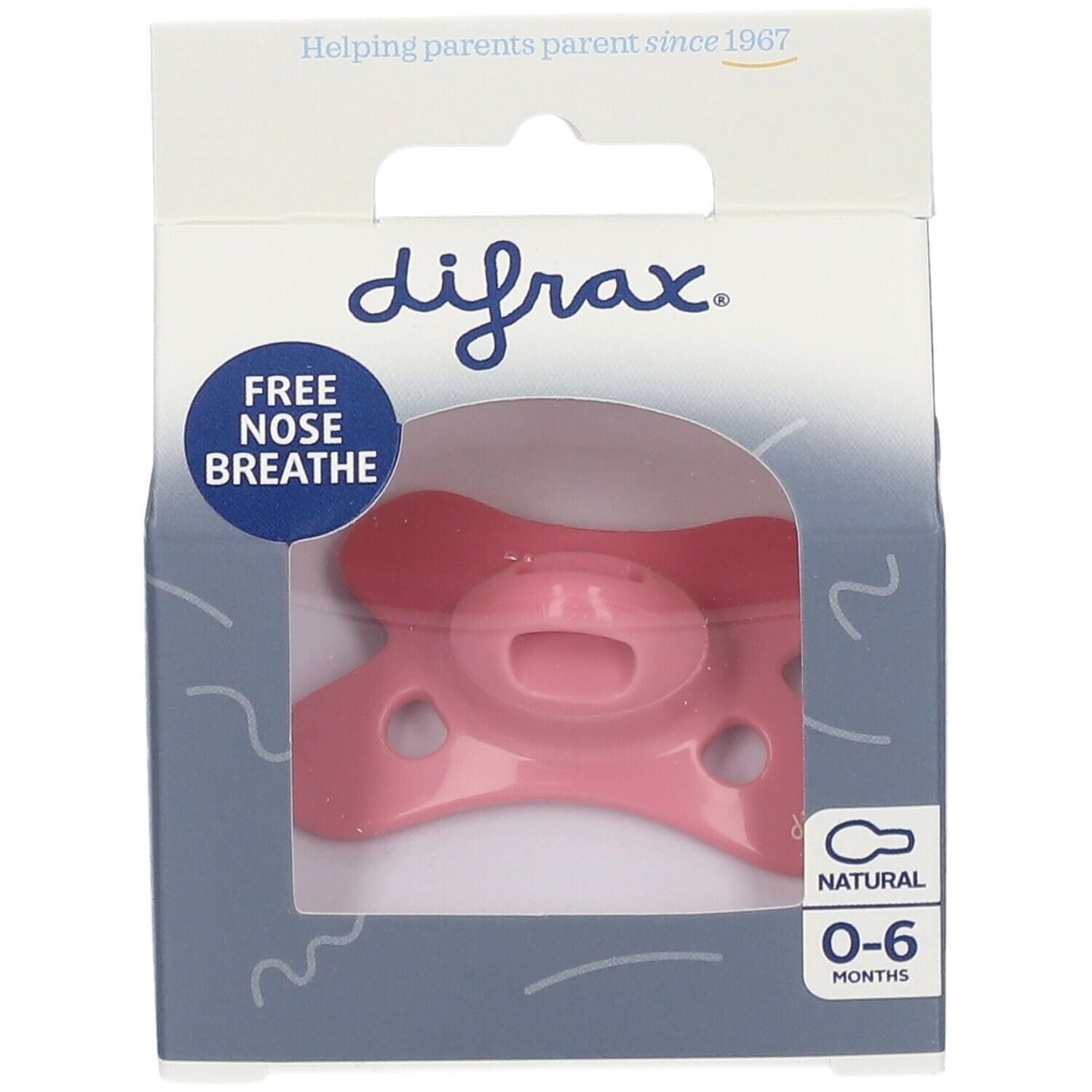 Rosa Schnuller in Verpackung. Sichtbar: Marke, Altersempfehlung 0-6 Monate, 'Free Nose Breathe'.