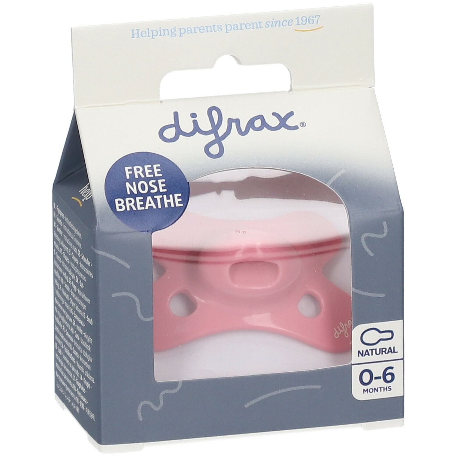 Rosa Schnuller in Verpackung. Sichtbar: Marke, Altersempfehlung 0-6 Monate, 'Free Nose Breathe'.