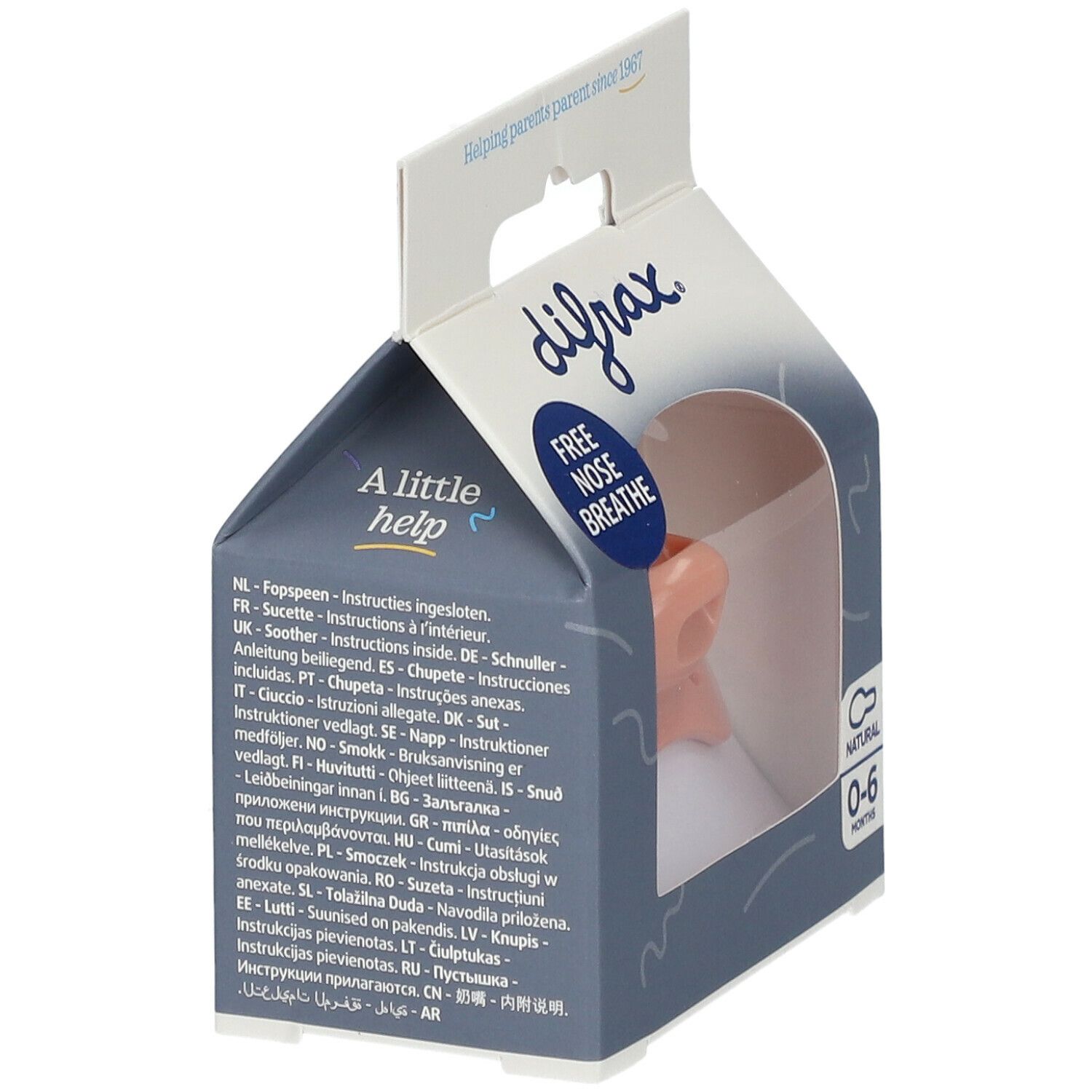 Verpackung mit Silikonsauger. Sichtbar: Marke, Altersempfehlung 0-6 Monate, 'Free nose breathe'.
