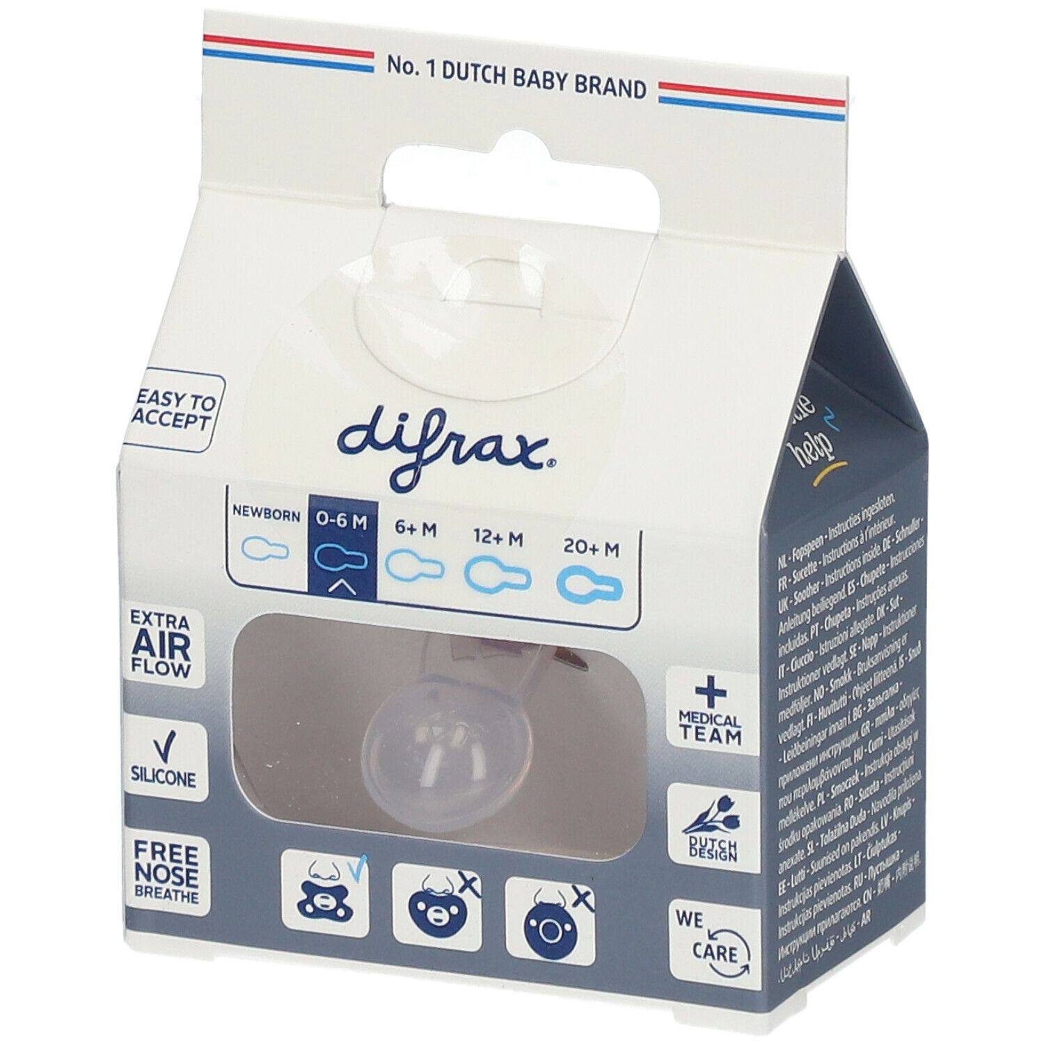 Verpackung mit Silikonsauger. Sichtbar: Marke, Altersempfehlung 0-6 Monate, 'Extra Air Flow'.
