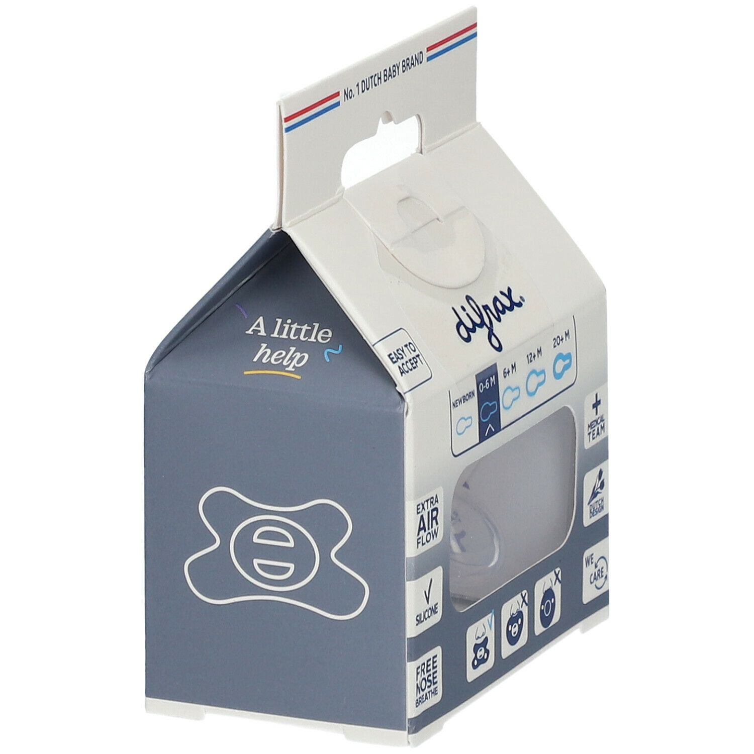 Verpackung mit Silikonsauger. Sichtbar: Marke, Altersempfehlung 0-6 Monate, 'Extra Air Flow'.