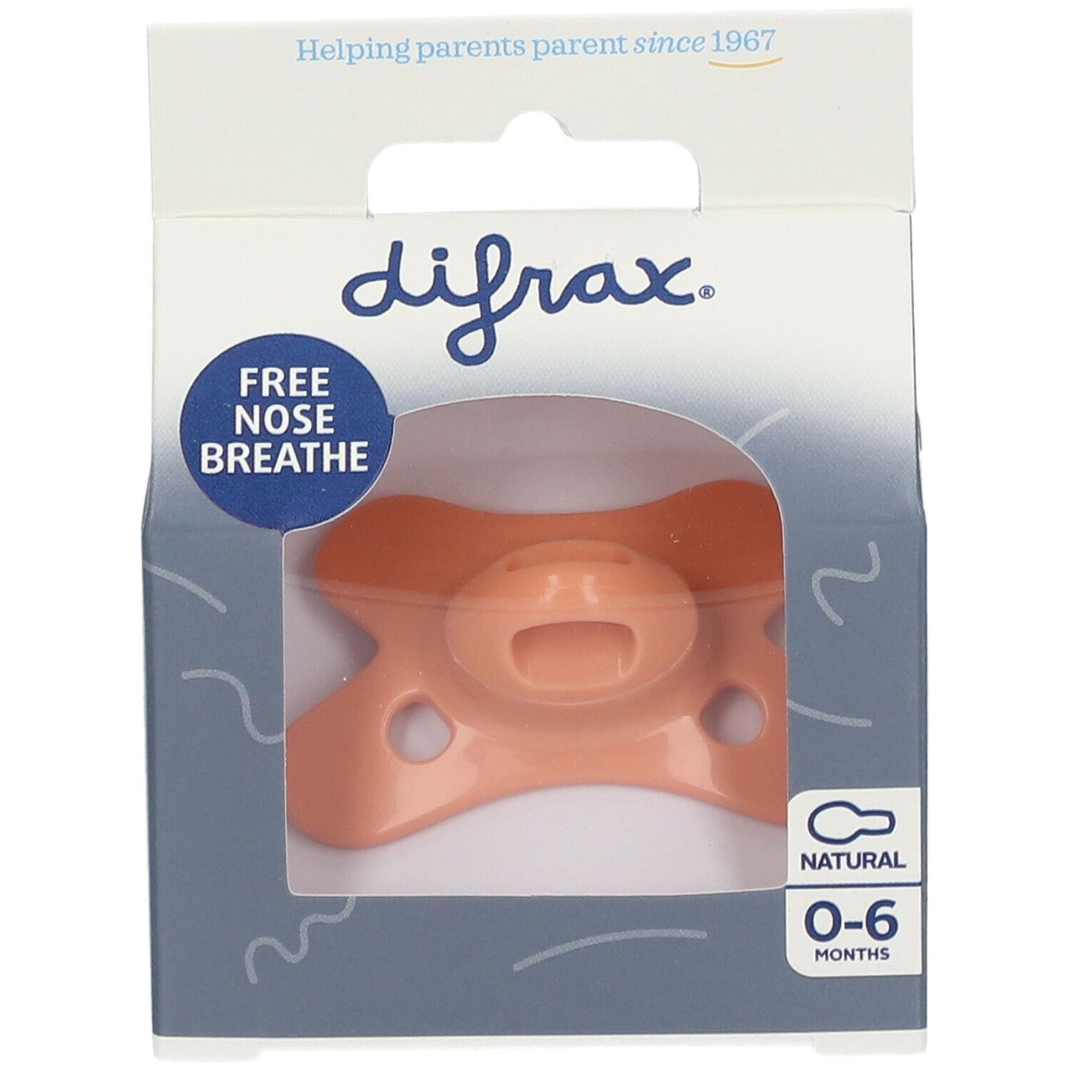 Silikonsauger in Verpackung. Sichtbar: Marke, Altersempfehlung 0-6 Monate, 'Free nose breathe'.
