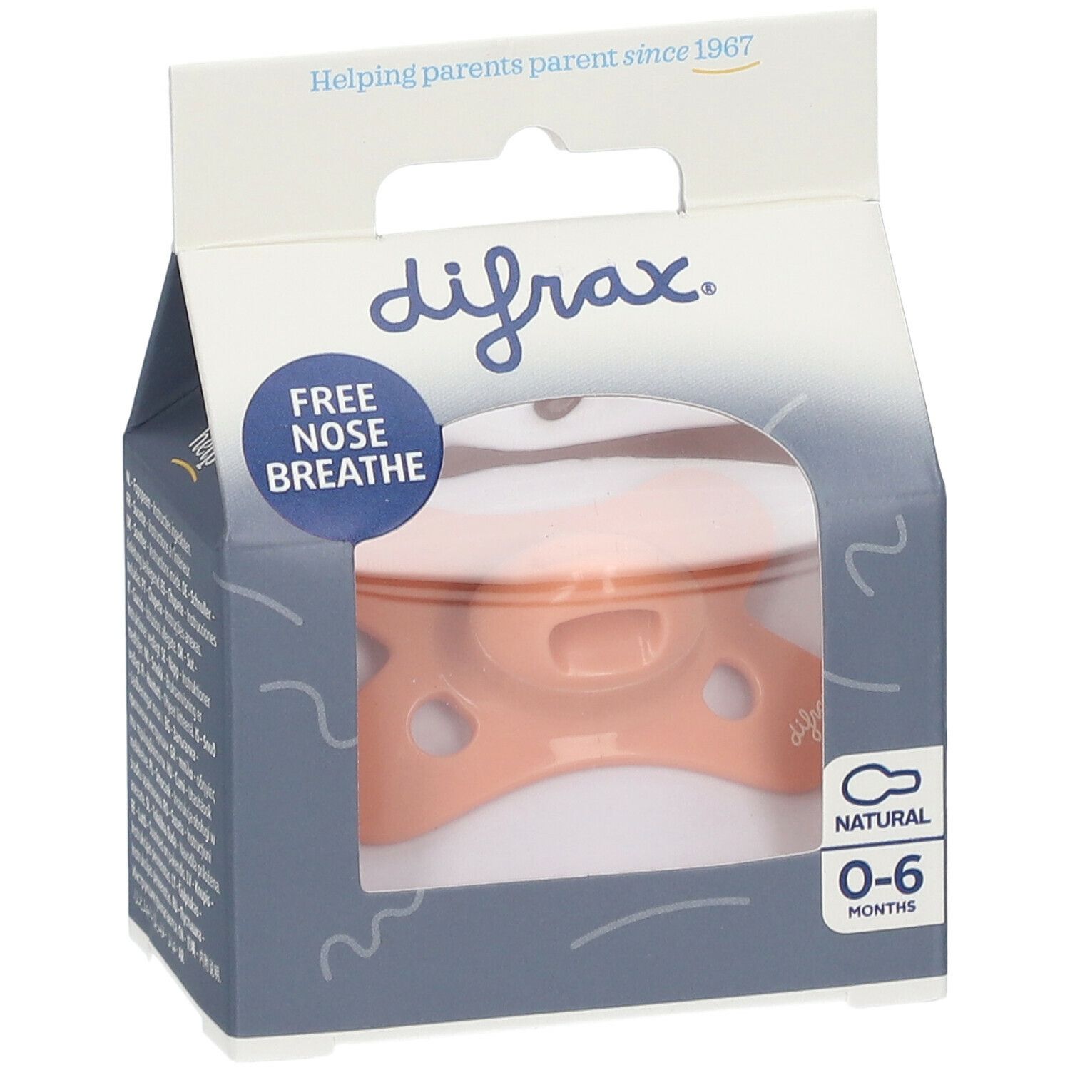 Silikonsauger in Verpackung. Sichtbar: Marke, Altersempfehlung 0-6 Monate, 'Free nose breathe'.