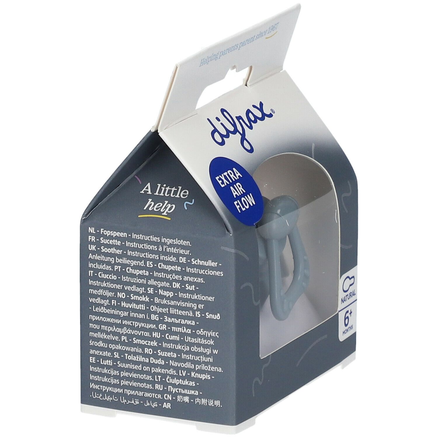 DIFRAX Schnuller in Verpackung. Blau, ab 6 Monaten. 'Extra Air Flow' und mehrsprachige Anweisungen.