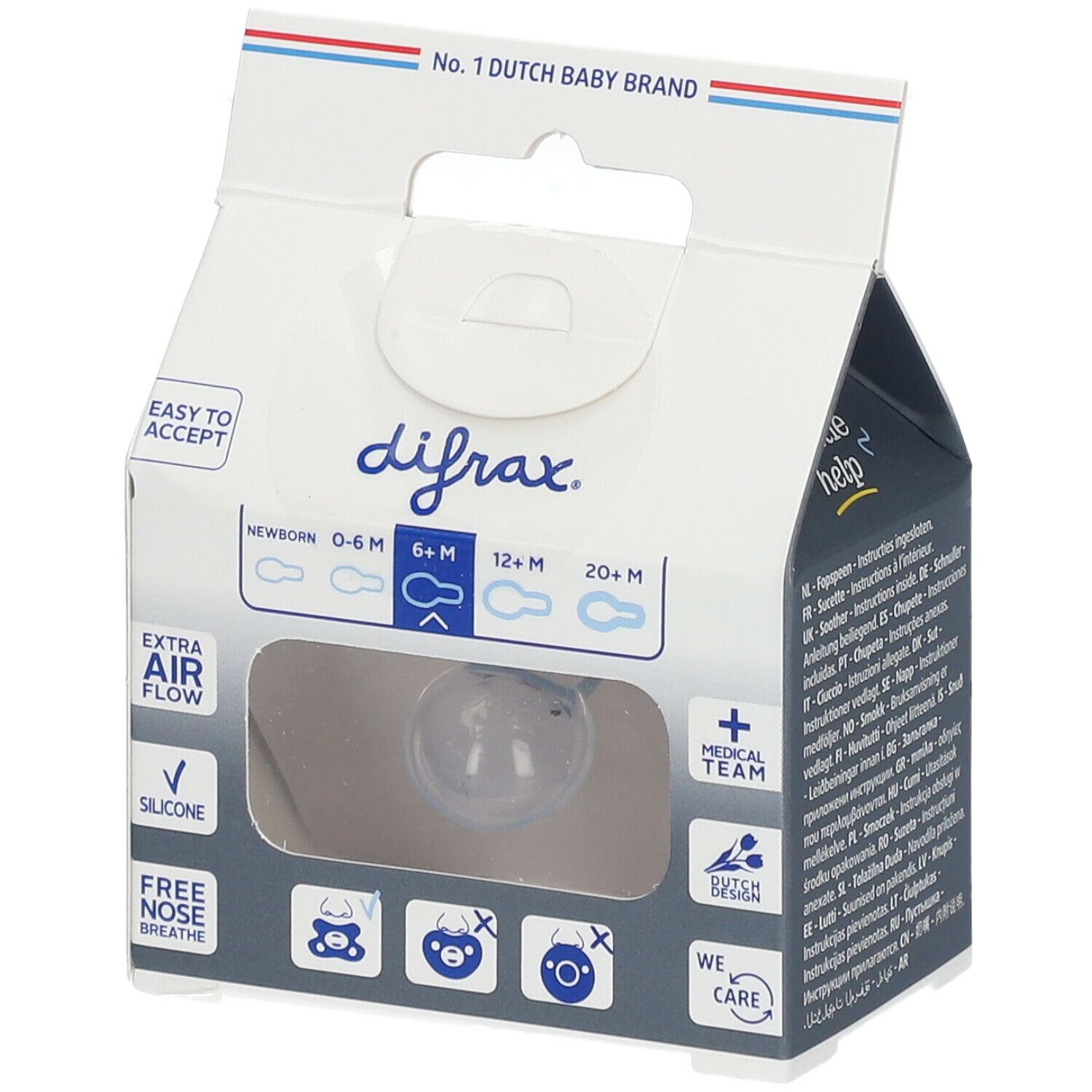 DIFRAX Schnuller-Verpackung. Mit 'Extra Air Flow', 'Silicone', 'Free Nose Breathe' und Altersangaben.