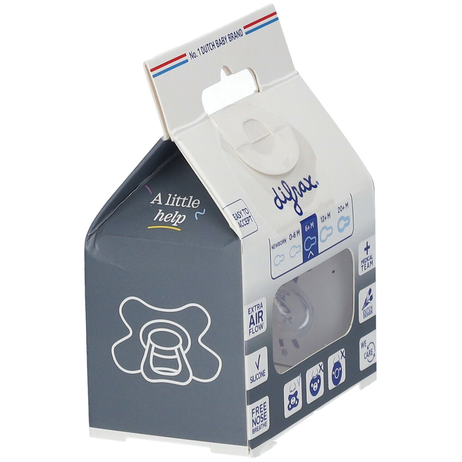 DIFRAX Schnuller-Verpackung. Mit 'Extra Air Flow', 'Silicone', 'Free Nose Breathe' und Altersangaben.