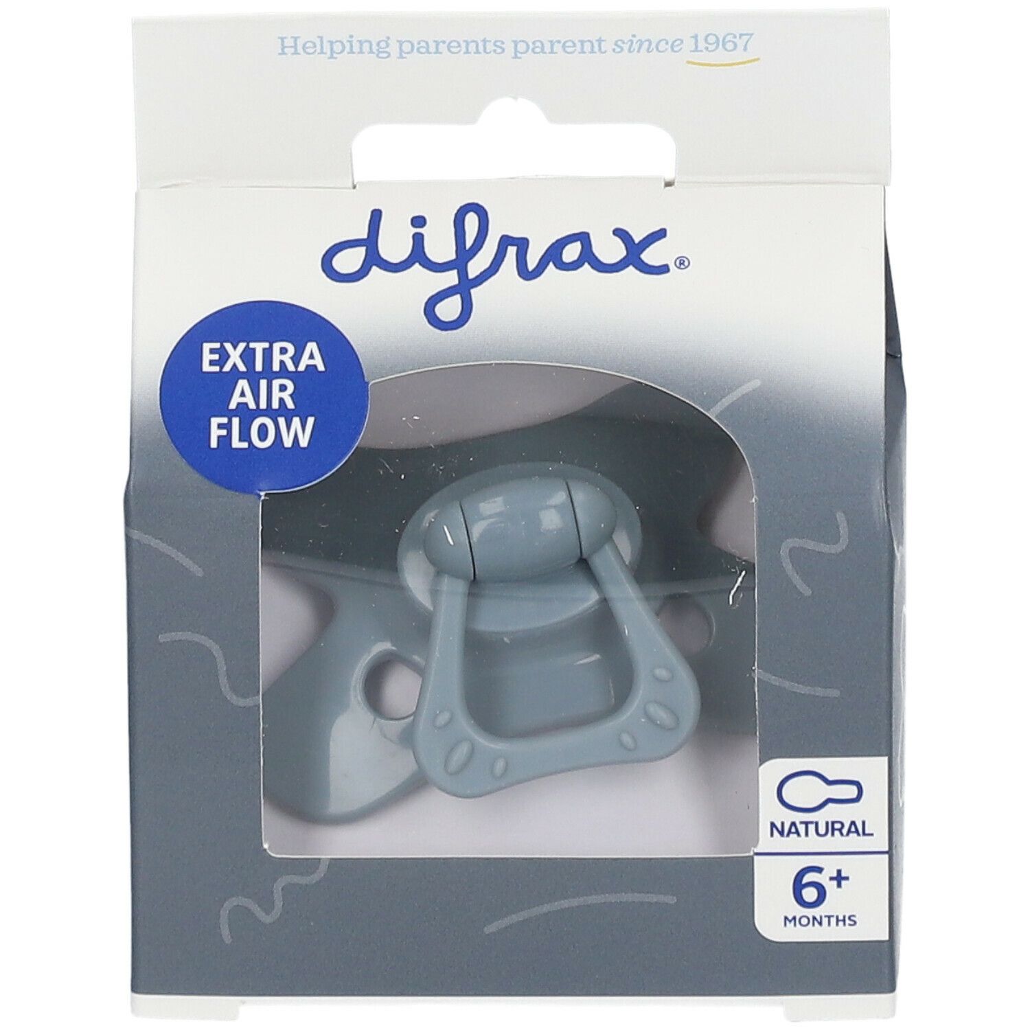 DIFRAX Schnuller in Verpackung. Blau, ab 6 Monaten. Mit 'Extra Air Flow' und 'Natural' gekennzeichnet.