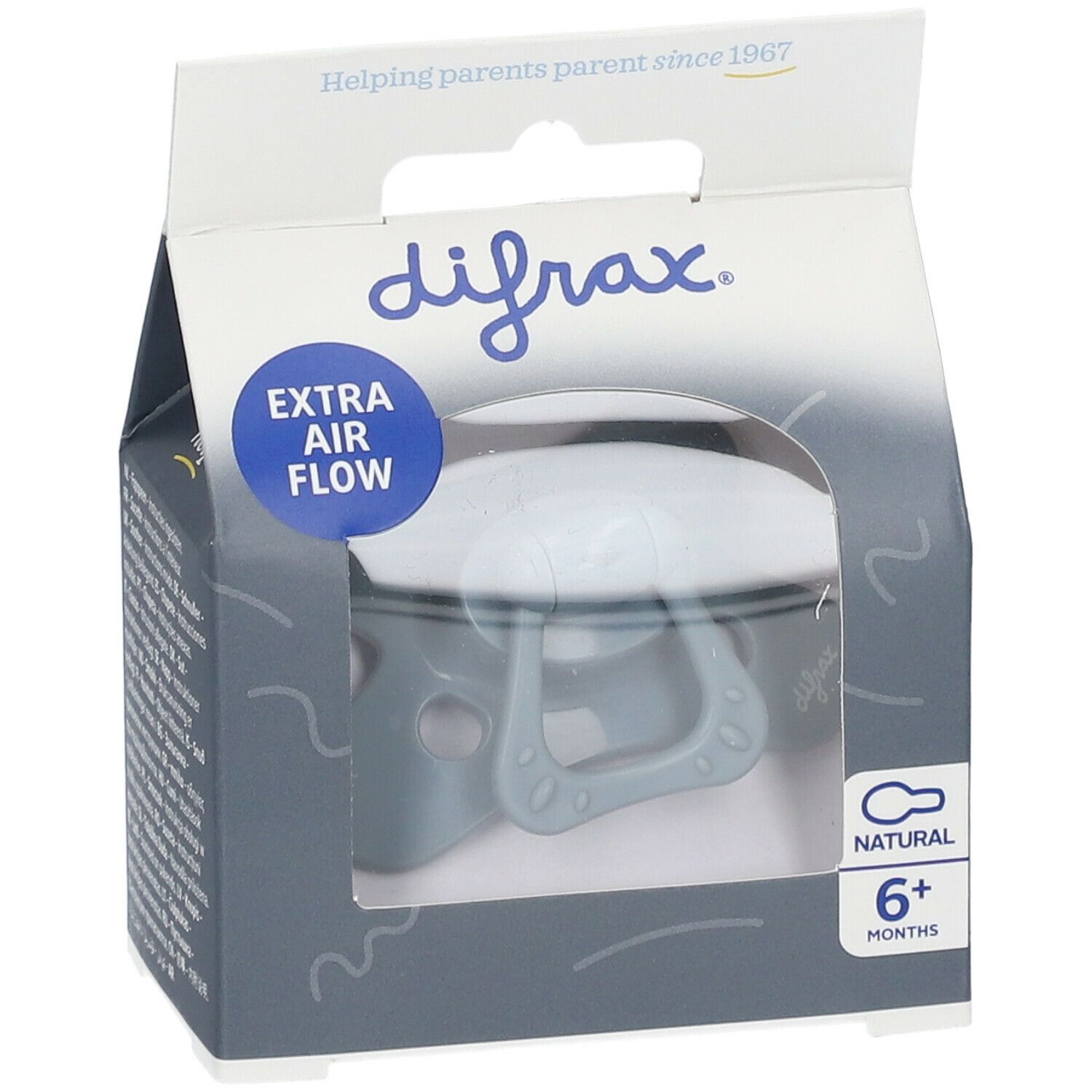 DIFRAX Schnuller in Verpackung. Blau, ab 6 Monaten. Mit 'Extra Air Flow' und 'Natural' gekennzeichnet.
