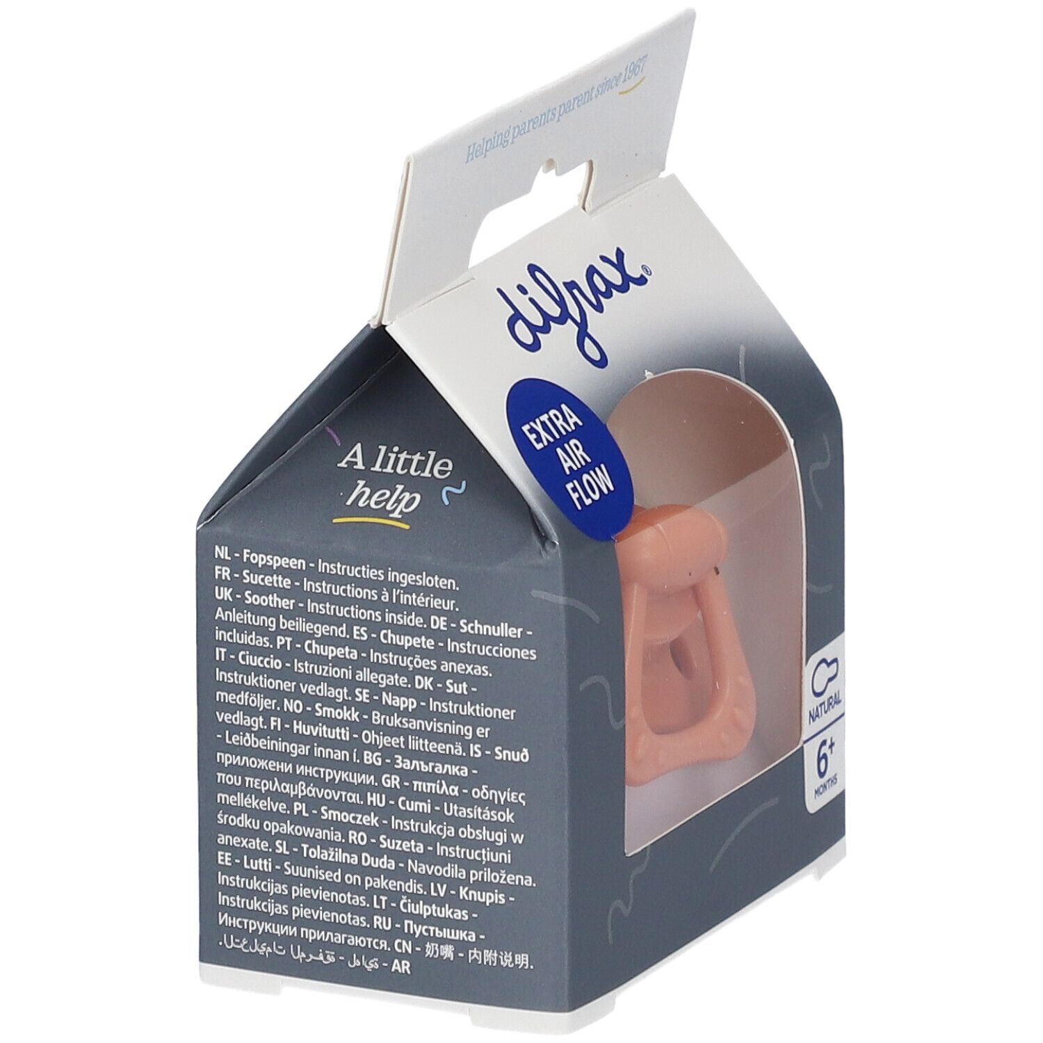 Verpackung mit Schnuller. Sichtbar: Silikonsauger, rosa. Text: Extra Air Flow, 6+ Monate, Natural.