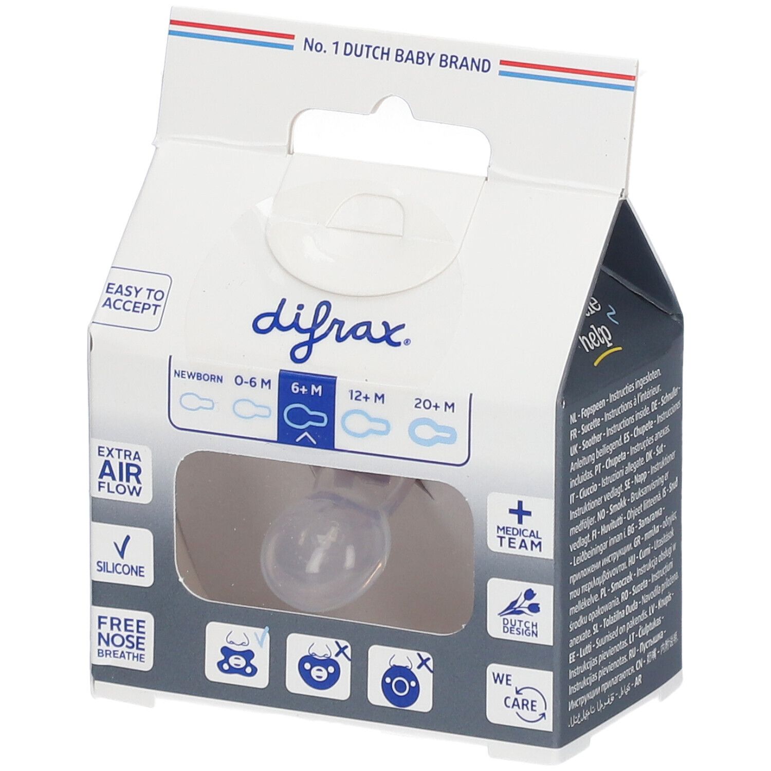 Verpackung mit Schnuller. Sichtbar: transparenter Silikonsauger. Text: Extra Air Flow, 6+ Monate, Silicone.