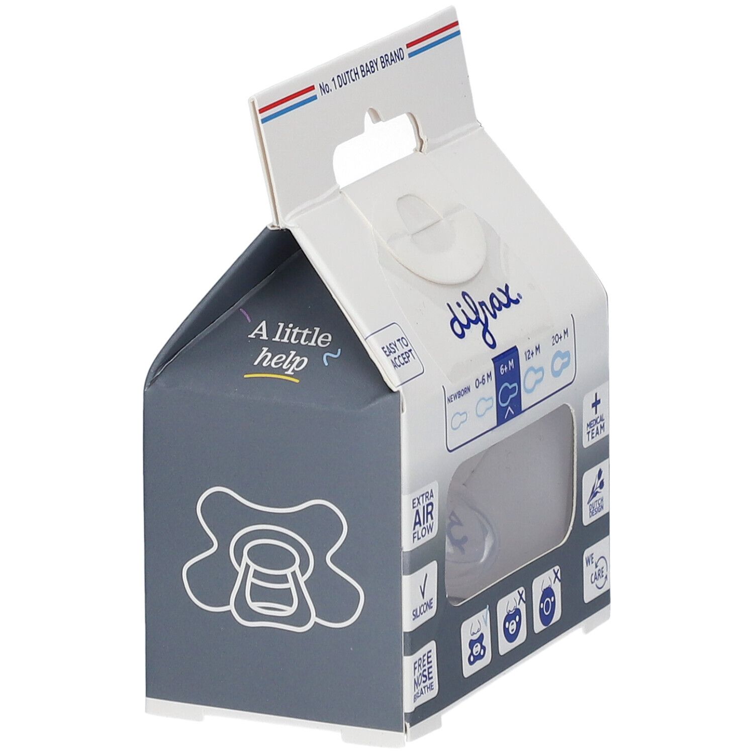 Verpackung mit Schnuller. Sichtbar: transparenter Silikonsauger. Text: Extra Air Flow, 6+ Monate, Silicone.