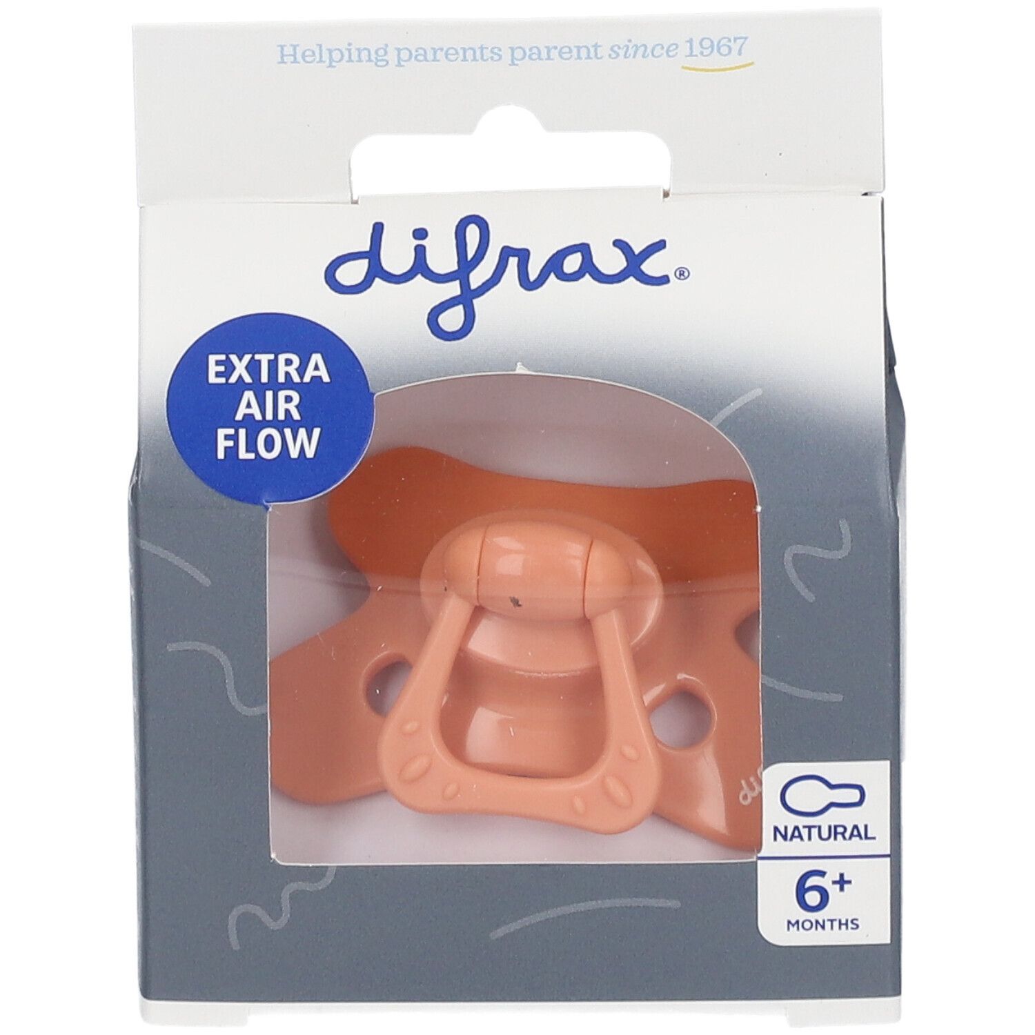 Verpackung mit Schnuller. Sichtbar: Silikonsauger, rosa. Text: Extra Air Flow, 6+ Monate, Natural.